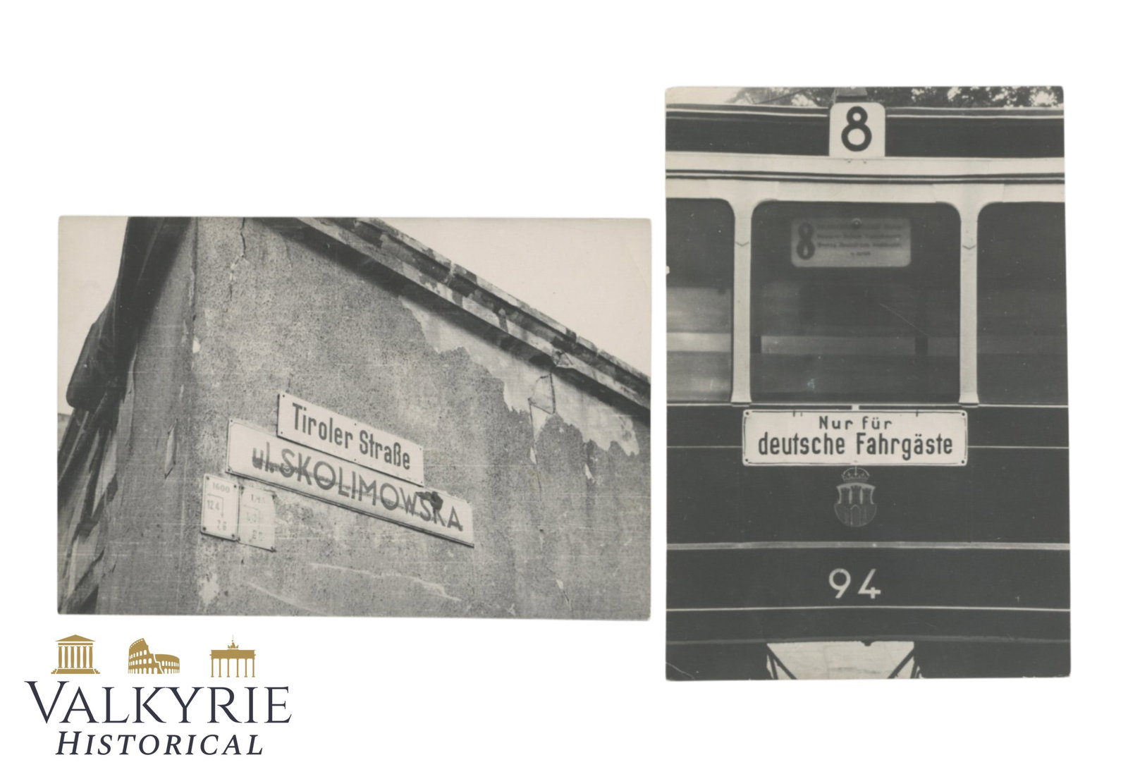 2 Photos Taken in Occupied Poland - One With Street Name Germanised & Other "Only German Passengers": 2 Photos Taken in Occupied Cracow Poland - One With Street Name Germanised and Polish name crossed out and the Other showing a train coach with the sign "Only for German Passengers".On back is stamp f
