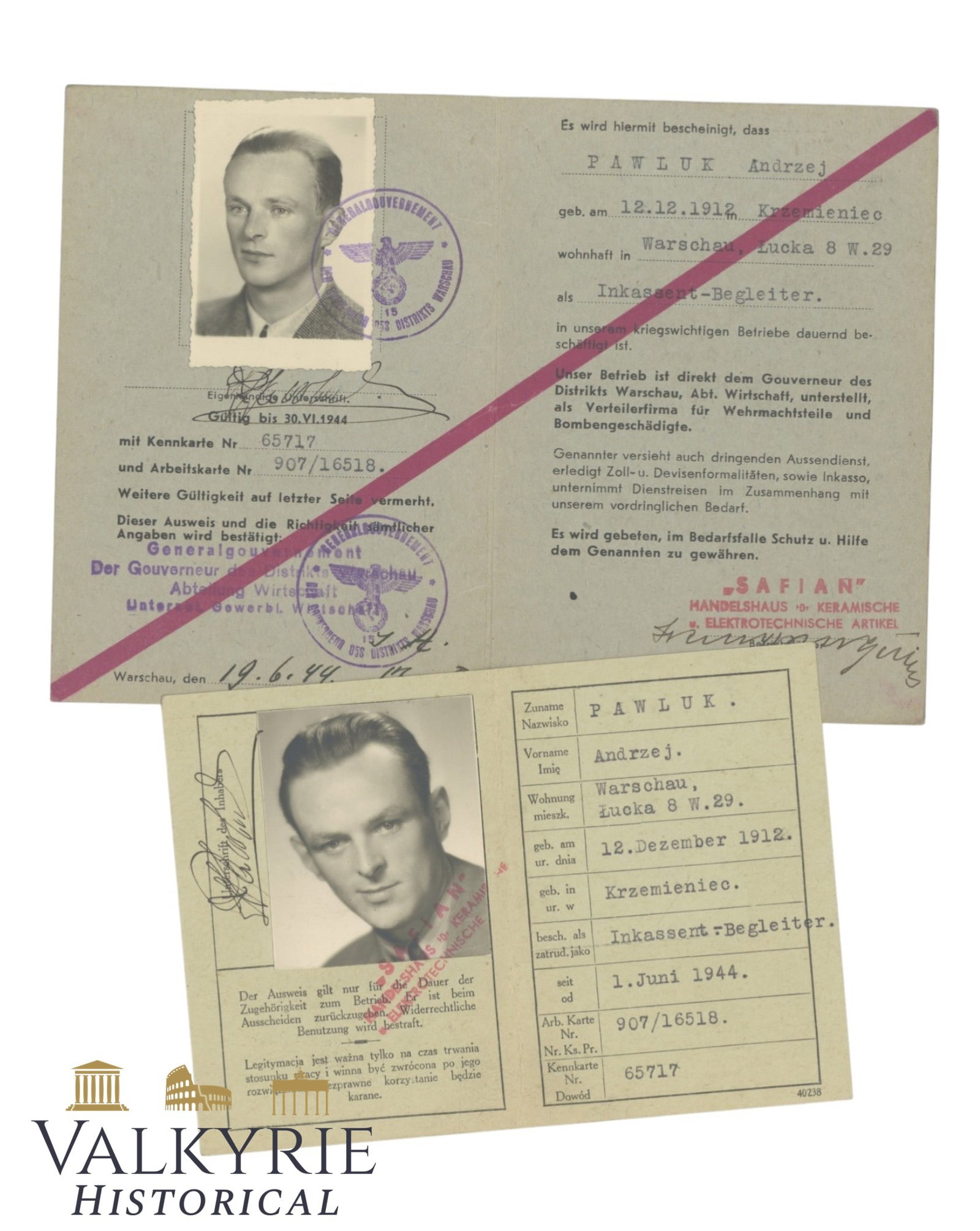 Set of 2 ID Business-Cards Issued to a Polish Man Who Worked For German War-Imporant Business: Very rare et of 2 ID Business-Cards Issued to a Polish Man Who Worked For German War-Important Business. Set includes 2 business cards for company "Safan" in warsaw that produced ceramic and electrote