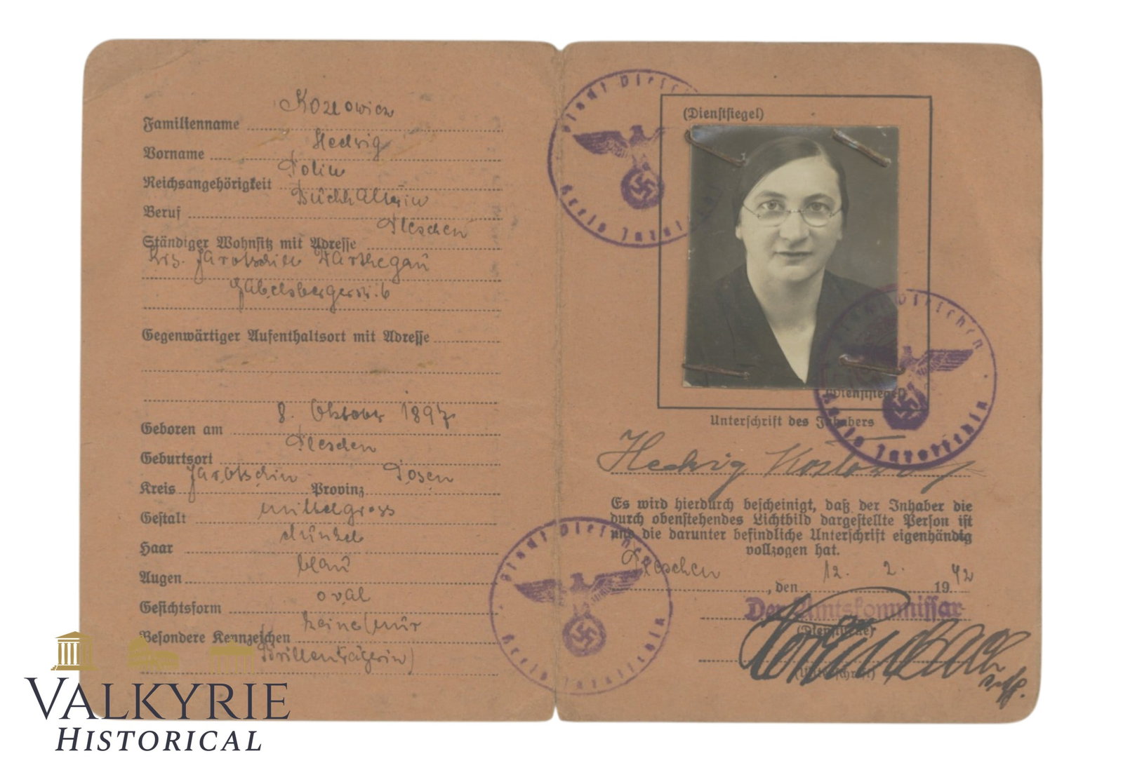 Personalausweis Issued to a Polish Woman in 1943 During German Occupation in Pleszew (1 of 3)