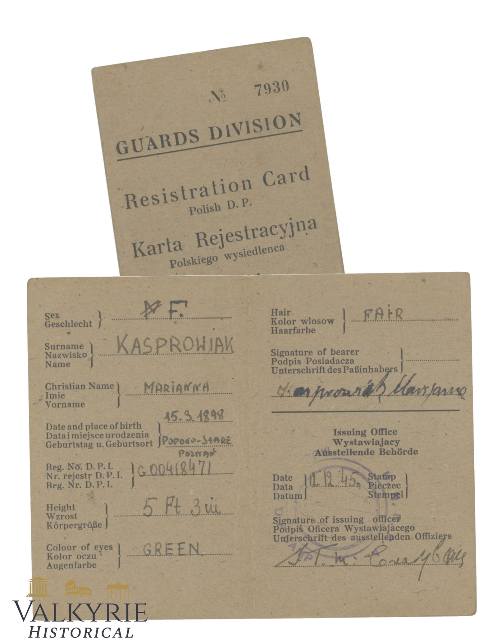 Registration Card Issued After The War in 1945 by Allied Troops to a Polish Female Deportee: Registration Card Issued After The War in 1945 by Allied Troops to a Polish Female Deportee. She was in the Muelheim Deportees Camp. Printed in English, German and Polish. Shipping flat cost $25 it do