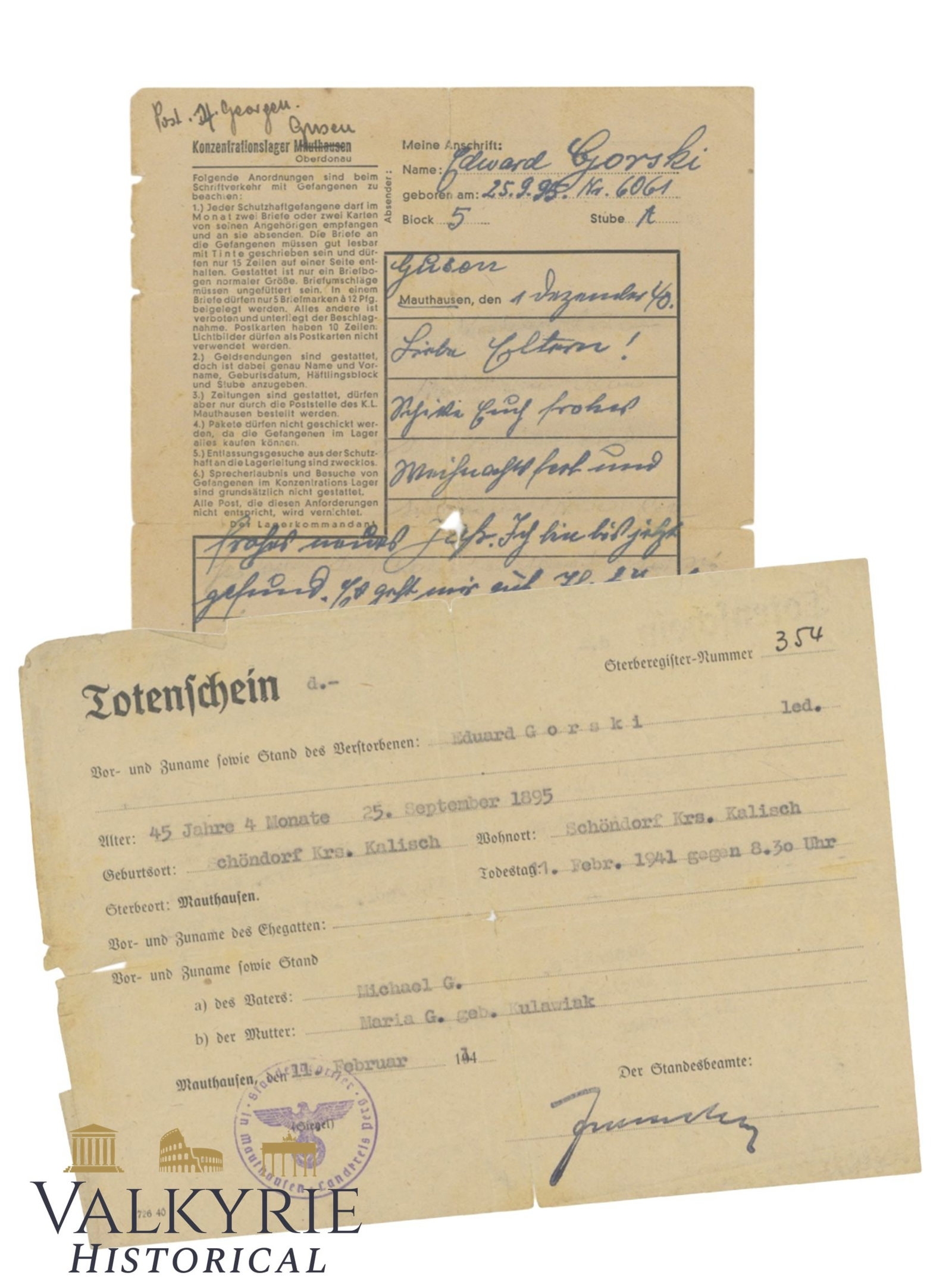 Letter From KL Mauthausen & Death Certificate Issued by Municipalty to Camp Polish Prisoner in 1941 (1 of 4)