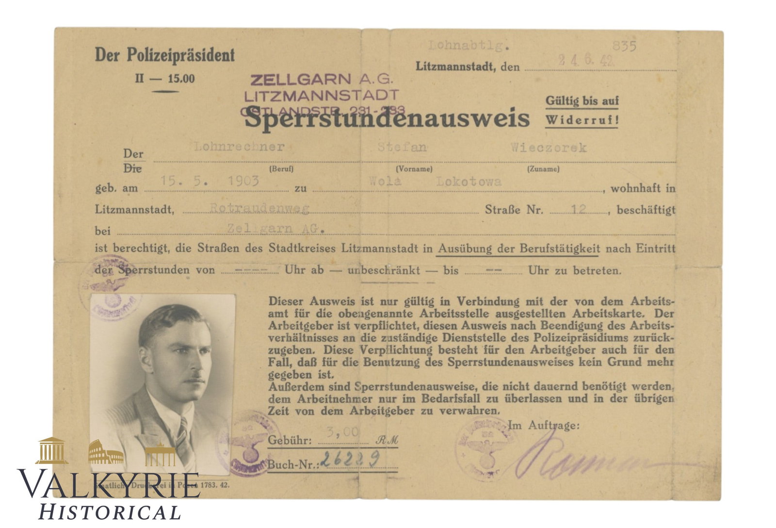 Safe-conduct Issued to Polish Worker by German Police in Occupied Lodz in 1941 (1 of 2)