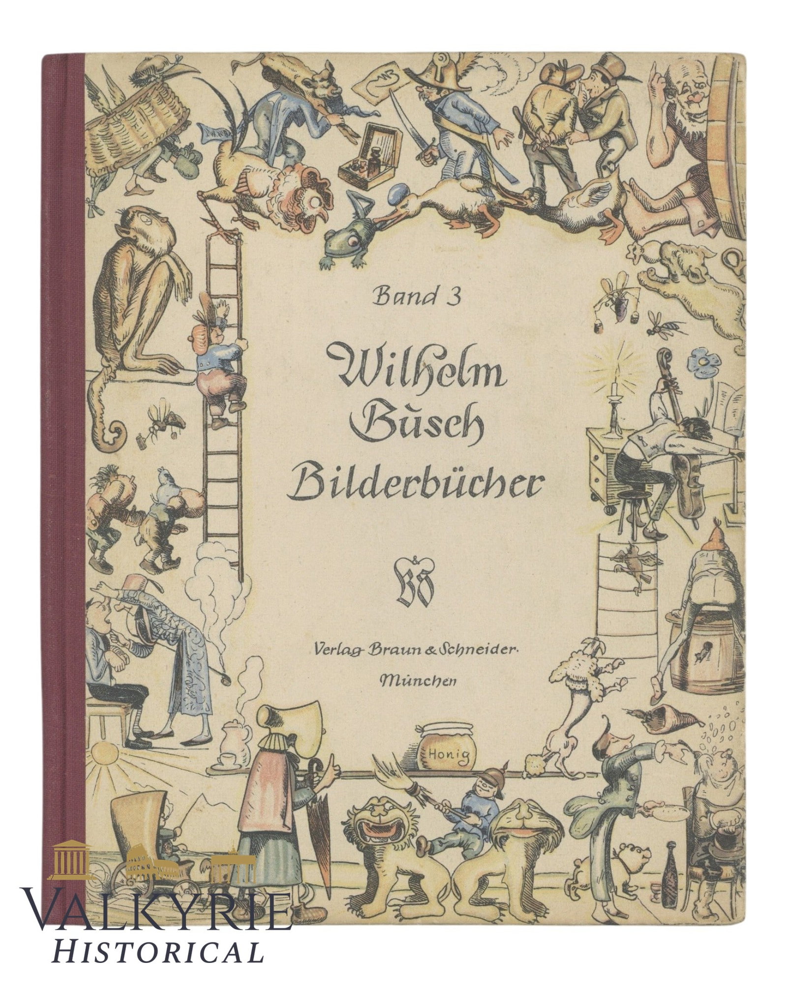 German Book "Wilhelm Busch's Storybooks" - Volume 3: German Book "Wilhelm Busch's Storybooks" - Volume 3. Hard cover. Heavily illustrated with colour drawings. 23 pages. Year 1934. Shipping flat cost $25 it doesn't matter how many items you win. you pay