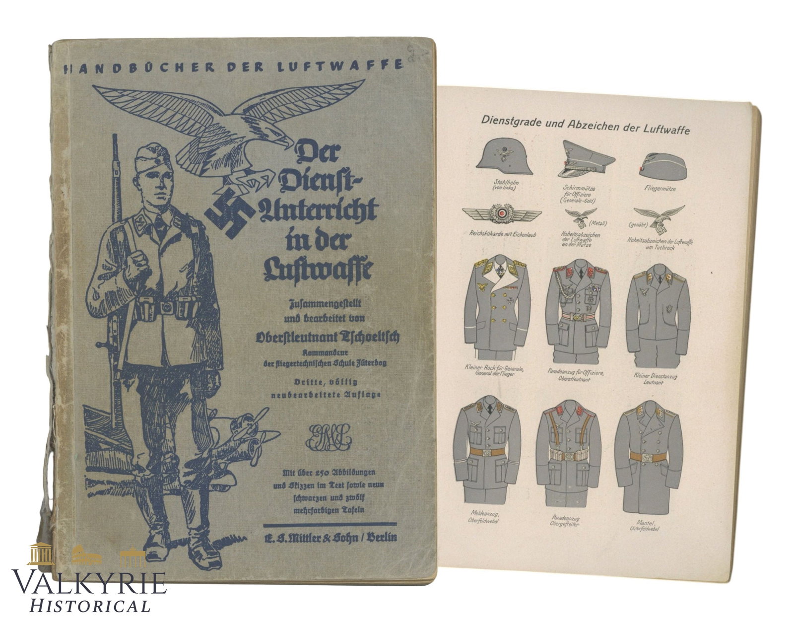 German Military Handbook "The Service Training in the Luftwaffe": German Military Handbook "The Service Training in the Luftwaffe". Year 1937. Soft cover. Full of coloured sheets with uniforms, ranks, insignia, flags, etc of the Nazi regime and German Luftwaffe and 