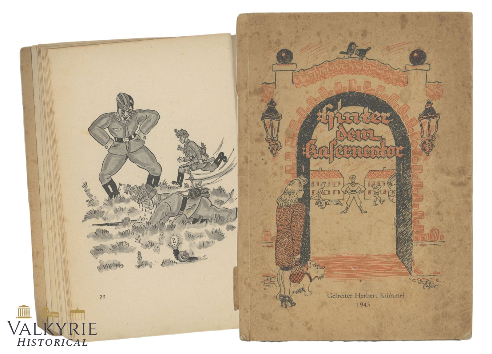 German Compilation Book of Poems Related to Army "Behind the Quarters Gate": German Compilation Book of Poems Related to Army "Behind the Quarters Gate". Illustrated with cartoon. Year 1943. Soft cover. Shipping flat cost $25 it doesn't matter how many items you win. you pay j