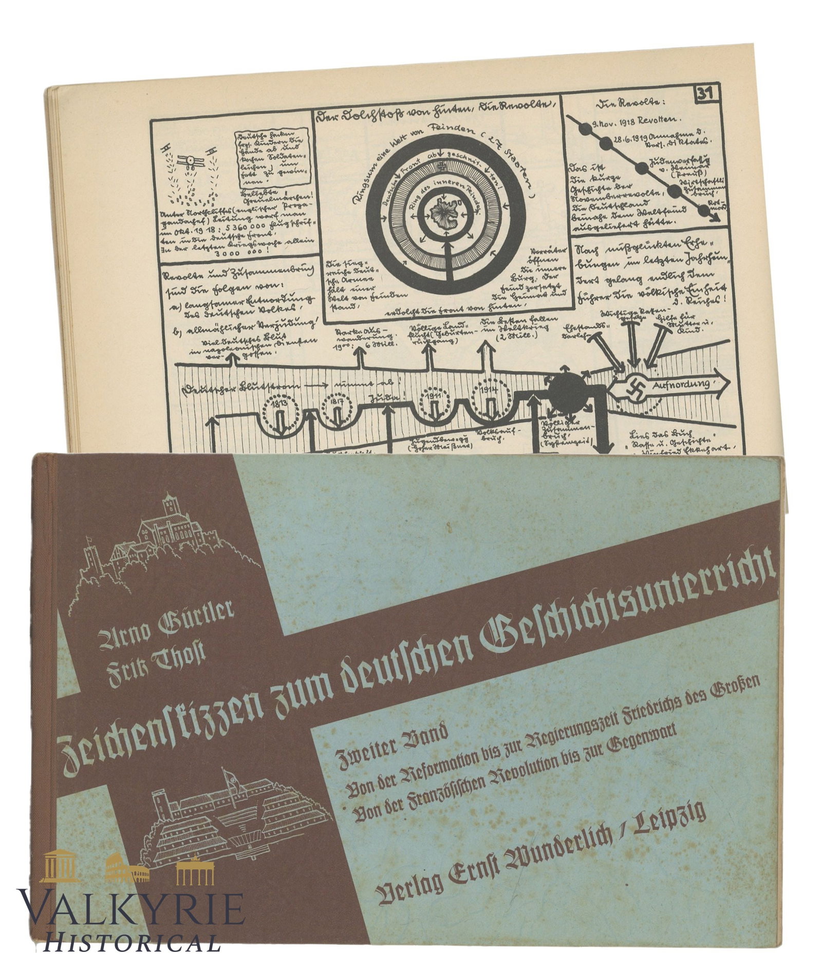 German Illustrated Book "Sketches for German History Lessons. Vol. 2" by Arno Guertler & Fritz Thost: German Illustrated Book "Sketches for German History Lessons. Vol. 2" by Arno Guertler & Fritz Thost. Many sketches and maps. Leipzig. 1938. Hard cover. Shipping flat cost $25 it doesn't matter how ma