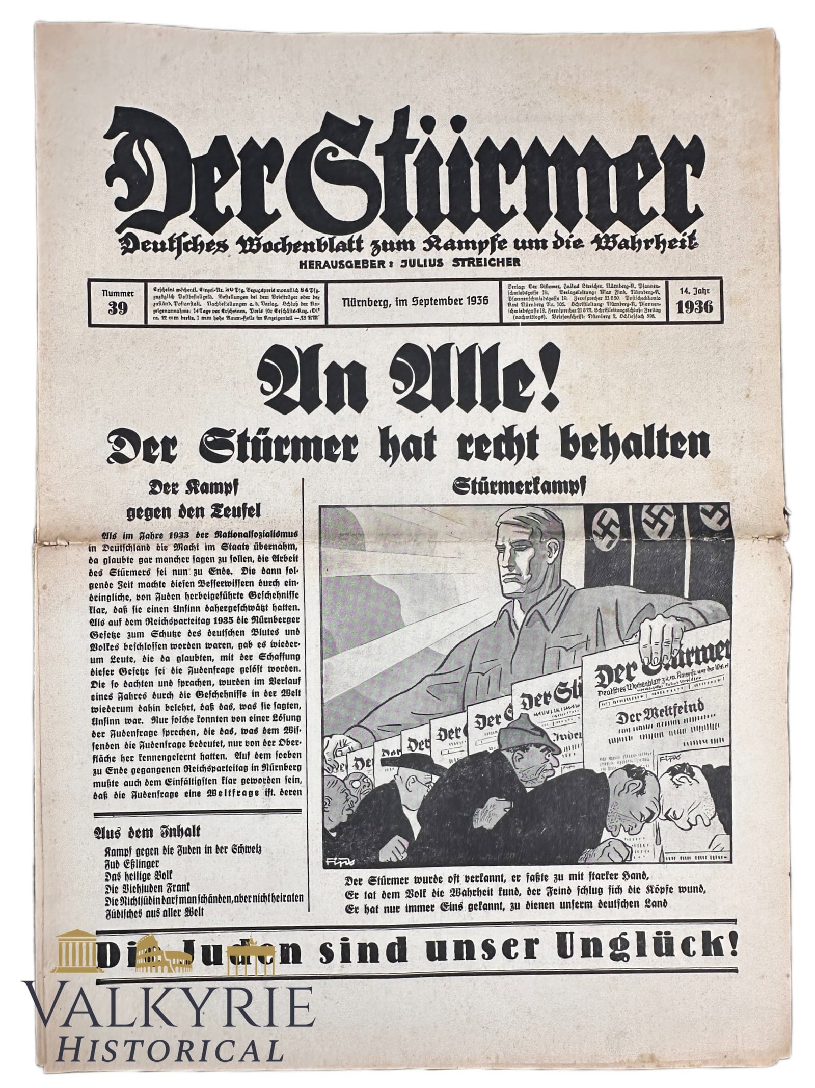 Nazi Ultra-Anti Semitic Tabloid by Julius Streicher "Der Sturmer" - Year 1936 - Number 39 (1 of 7)