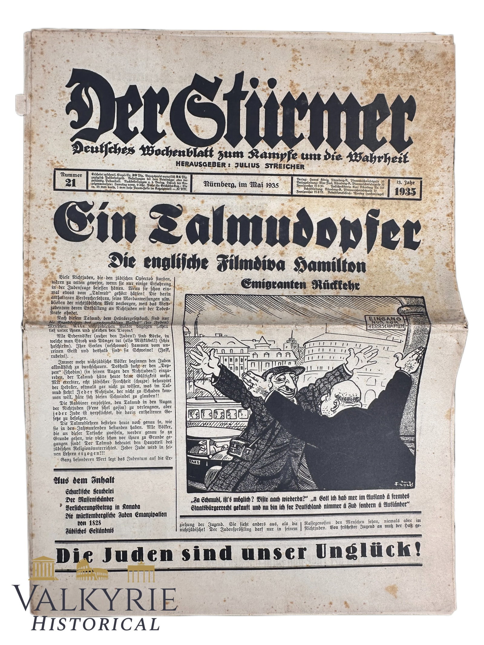 Nazi Ultra-Anti Semitic Tabloid by Julius Streicher "Der Sturmer" - Year 1935 - Number 21 (1 of 7)