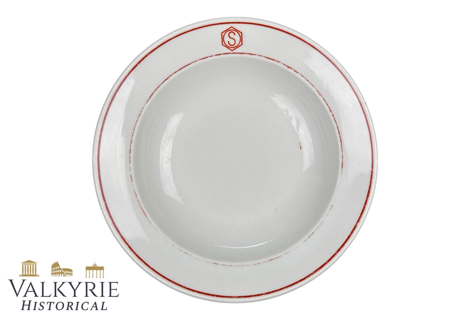 German Nazi Period Porcelain Plate With Logo "S" German Canteen Porcelain Produced During 3 Reich: German Nazi Period Porcelain Plate With Logo "S". Maker marked on the reverse.The letter "S" inscribed in the hexagon (hexagon) visible in the marked area is the signature of the German porcelain fact