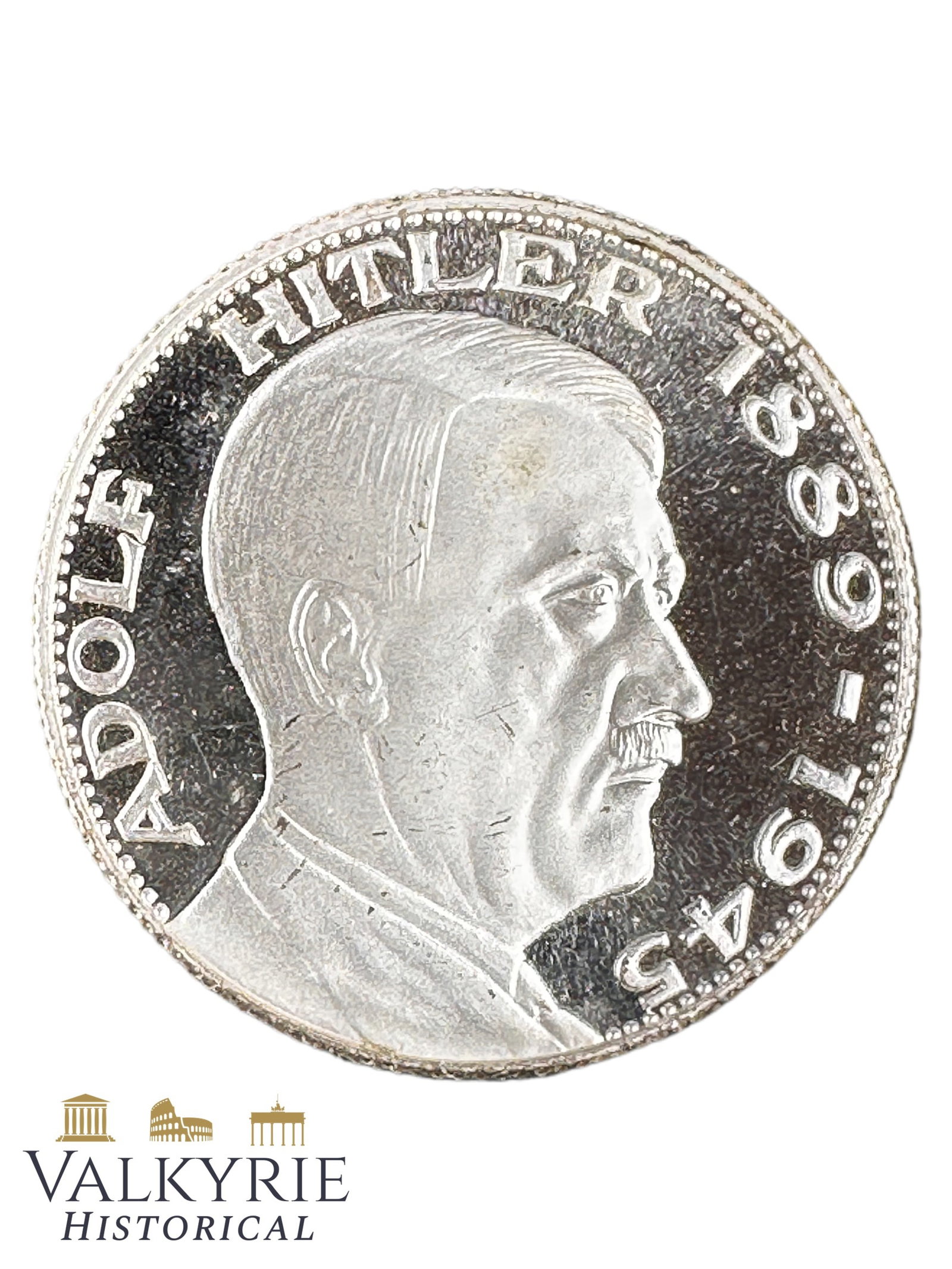 Commemorative Silver Coin of Adolf Hitler Produced After The WW2: Commemorative Silver Coin of Adolf Hitler Produced After The WW2. With his birth and death years and his face on it. Shipping flat cost $25 it doesn't matter how many items you win. you pay just $25 f