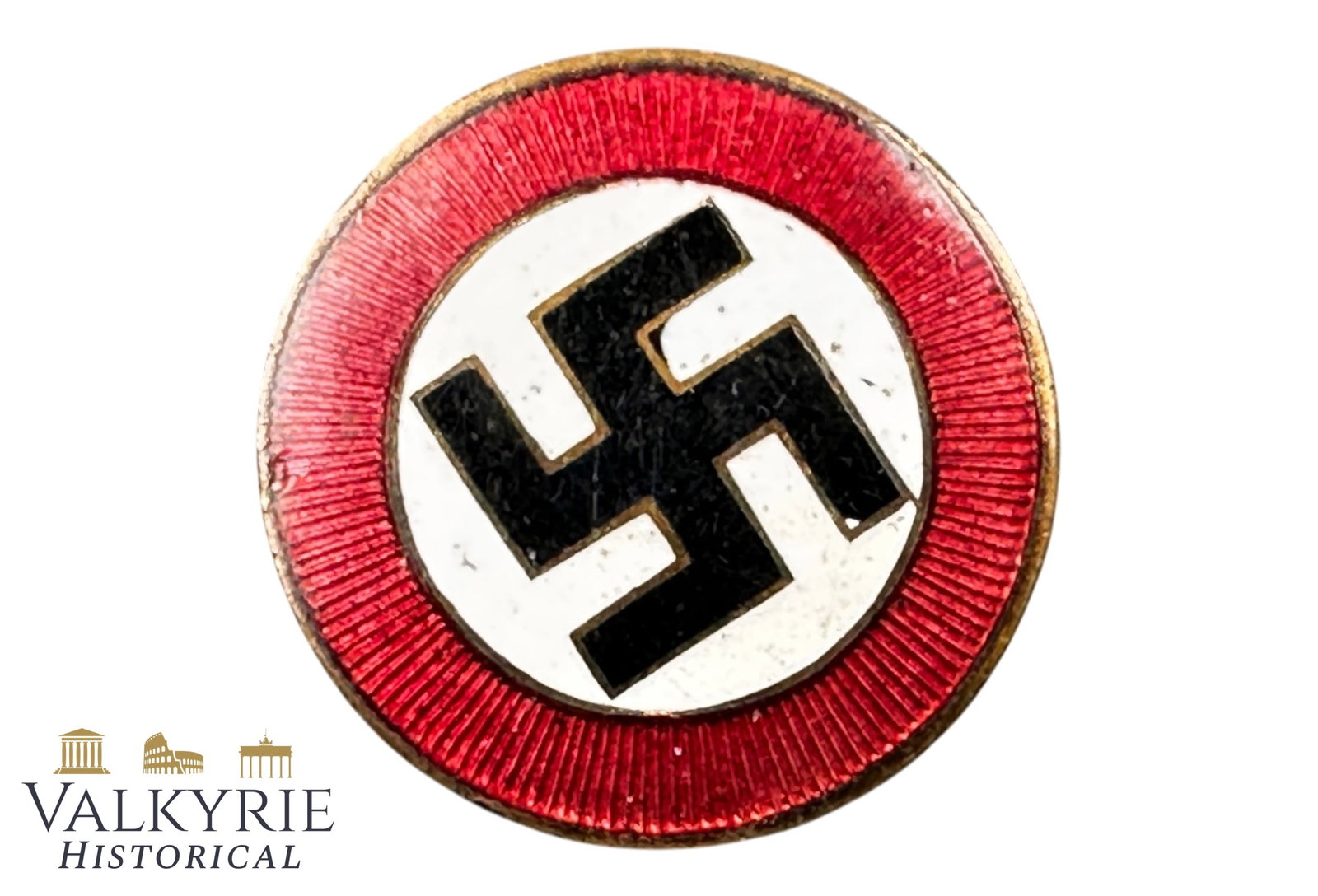 Early Period German NSDAP Nazi Party Supporter Enamelled Pin With Swastika: Early Period German NSDAP Nazi Party Supporter Enamelled Pin With Swastika. Enamel in very good condition. Needle system working perfectly. Marked ges. gesch. Shipping flat cost $25 it doesn't matter 