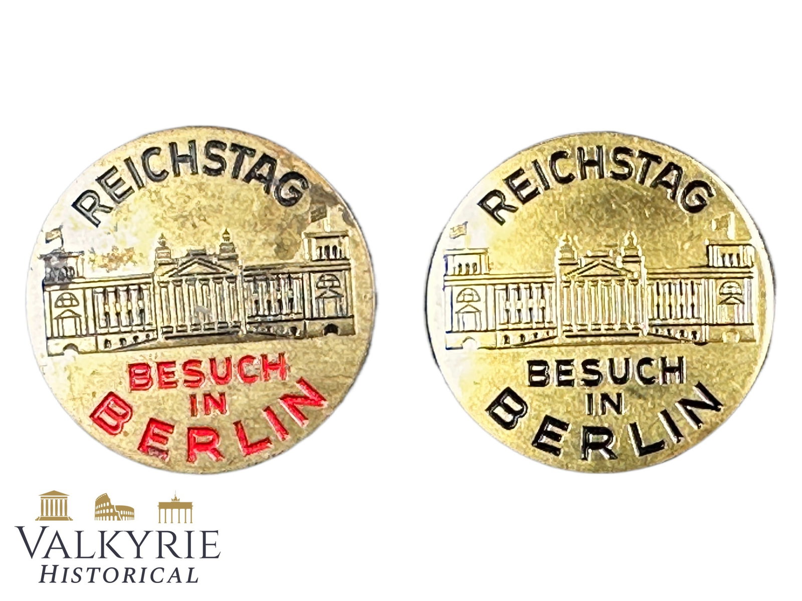 2 Versions of German Badge "Visit to the Reichstag in Berlin" - Red and Black Letters: 2 Versions of German Badge "Visit to the Reichstag in Berlin" - Red and Black Letters. Both with needle system working perfectly. Shipping flat cost $25 it doesn't matter how many items you win. you p
