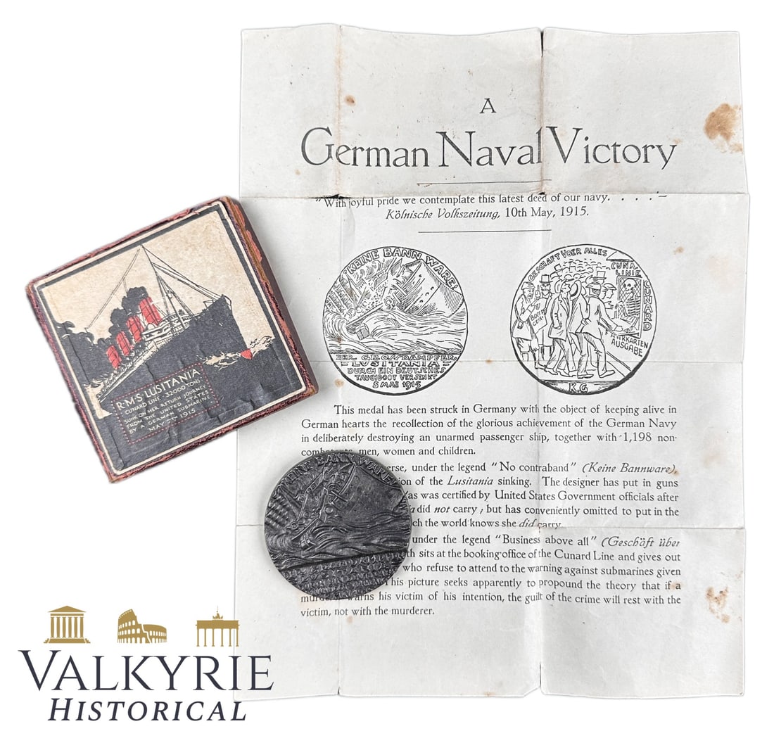 British Lusitania Medallion in Box of Issue with Original Paperwork- 1915: British Lusitania Medallion in Box of Issue with Original Paperwork- 1915. British propaganda set against Germany about one of the biggest tragedies of a ship sunk during WW1 by German Navy. Made in 1