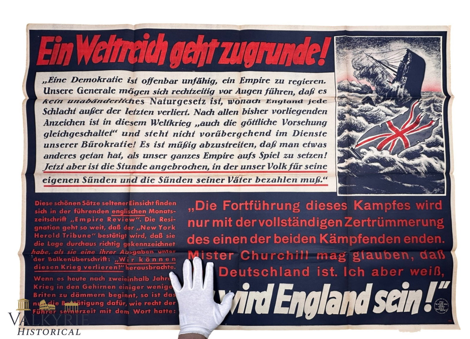 German Propaganda Poster "The Slogan of the Week" German Tabloid "A World Empire Is Falling Apart": German Propaganda Poster "The Slogan of the Week" German Tabloid "A World Empire Is Falling Apart! It Will Be England!". Very big size 119cm x 84cm. Shipping flat cost $25 it doesn't matter how many i