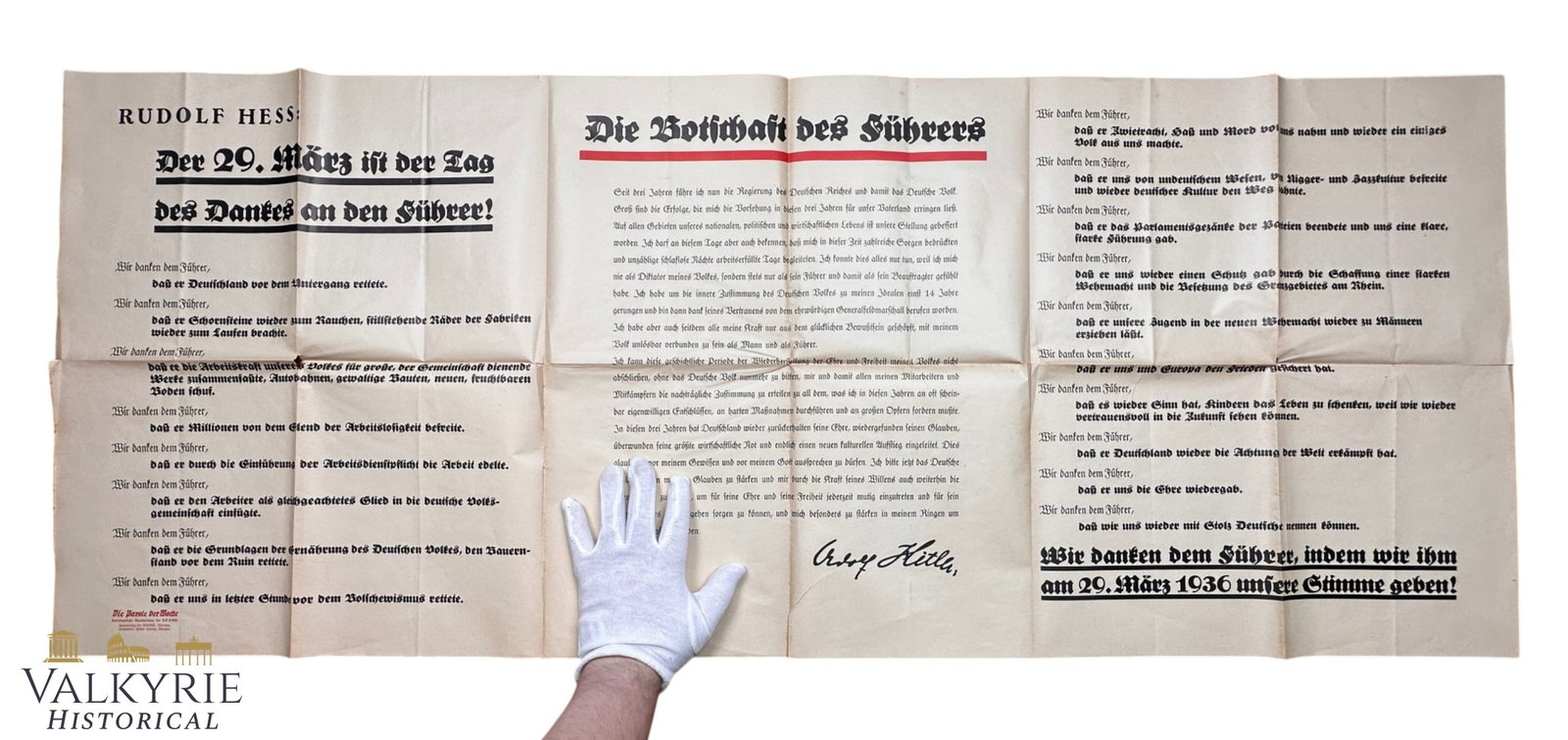 German Propaganda Poster "The Slogan of the Week" German Tabloid "Day of Thank to the Fuhrer": German Propaganda Poster "The Slogan of the Week" German Tabloid "Day of Thank to the Fuhrer will be the 29. March, instituted by Rudolf Hess officially".Very big size 134cm x 53cm. Shipping flat cost