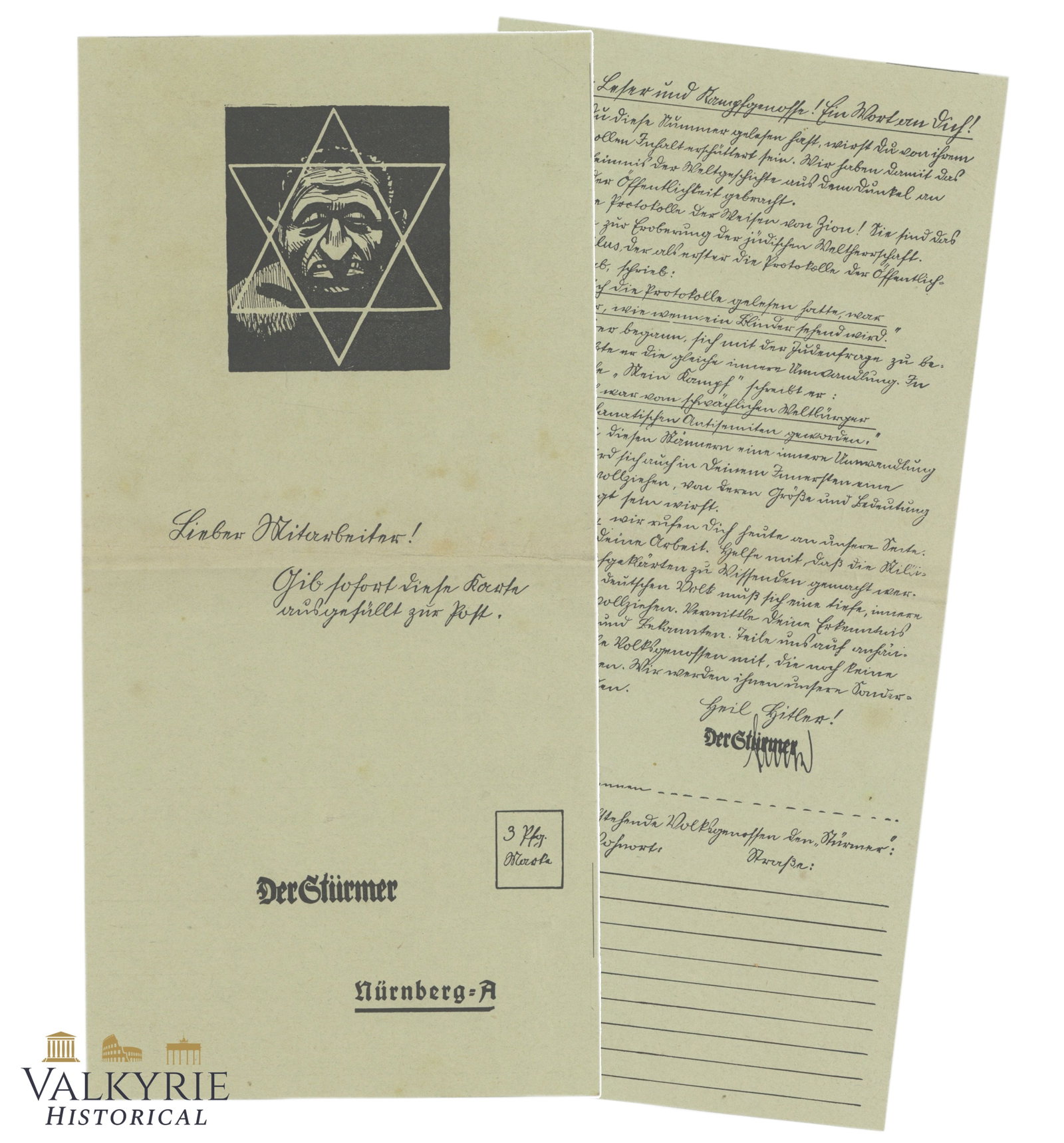 Rare Invitation Letter For Worker From "Der Sturmer" to Suscribe to Anti-Semitic Tabloid - Unused (1 of 3)