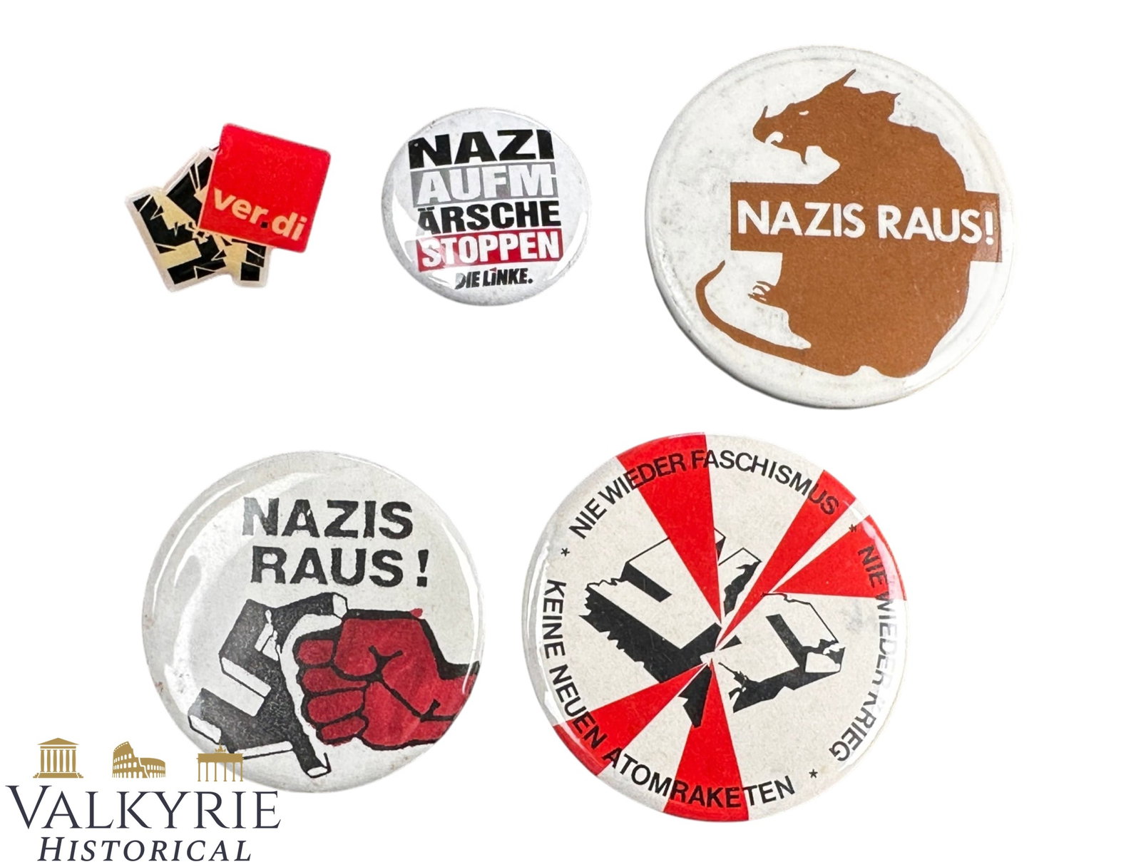 Set of 6 Lapel Pins of Modern Production With Anti-Nazi Slogans: Set of 6 Lapel Pins of Modern Production With Anti-Nazi Slogans. Shipping flat cost $25 it doesn't matter how many items you win. you pay just $25 for shipping.