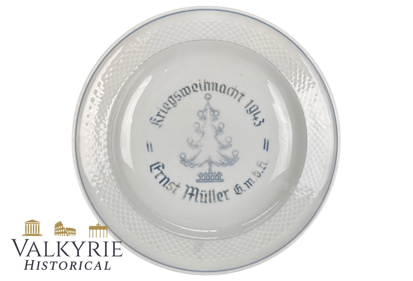 Nazi Commemorative Porcelain Plate of the "War Christmas 1943. Ernst Mueller GmbH": Nazi Commemorative Porcelain Plate of the "War Christmas 1943. Ernst Mueller GmbH". Letter printing a bit faded. Maker marked on the bottom. Shipping flat cost $25 it doesn't matter how many items you