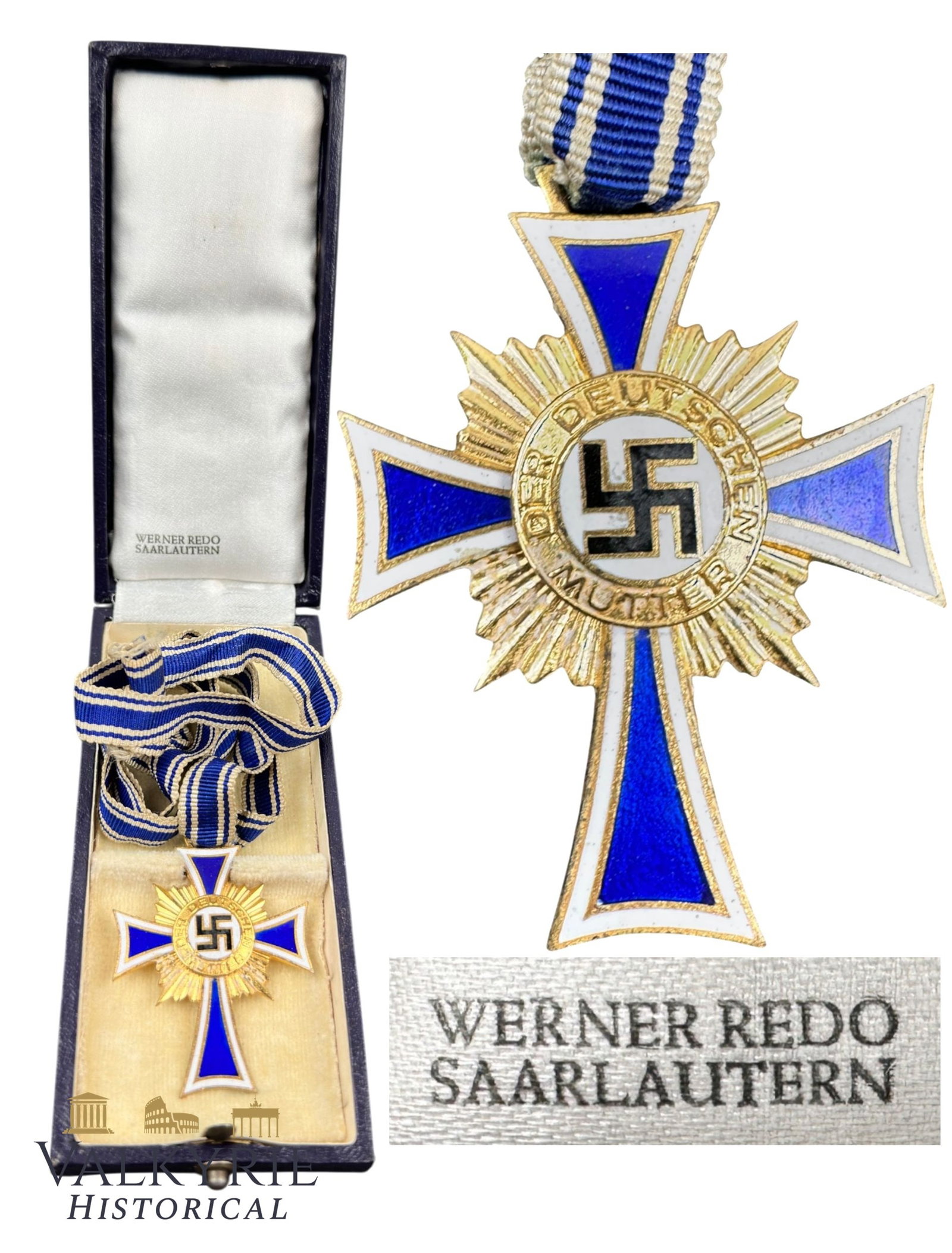 German Mother's Cross In Gold With Case of Issue And Long Ribbon Produce by Werner Redo Saarlautern: German Mother's Cross In Gold With Case of Issue And Long Ribbon. Enamel in perfect condition and ribbon also original.Produce by Werner Redo Saarlautern. Case in very good condition. Shipping flat co