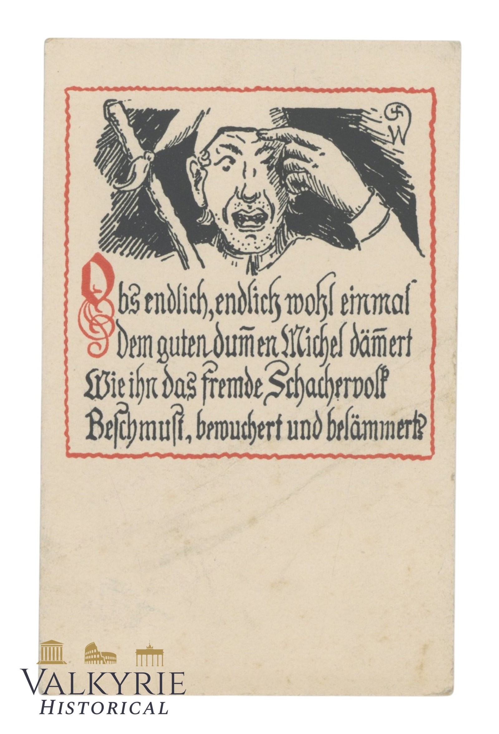 German Nationalist and Anti-Semitic Postcard "...Michael Realize How The Foreign Peddlers..." (1 of 2)