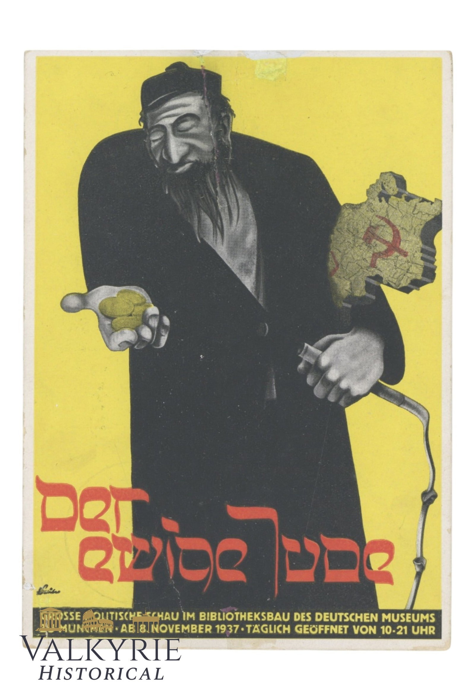 Commemorative Postcard of the Huge Anti-Semitic Exhibition in Munich "The Eternal Jew" 1937: Commemorative Postcard of the Huge Anti-Semitic Exhibition in Munich "The Eternal Jew" that took place in 1937. It is non-circulated and it comes with the ink-stamp of the exhibition. Shipping flat co