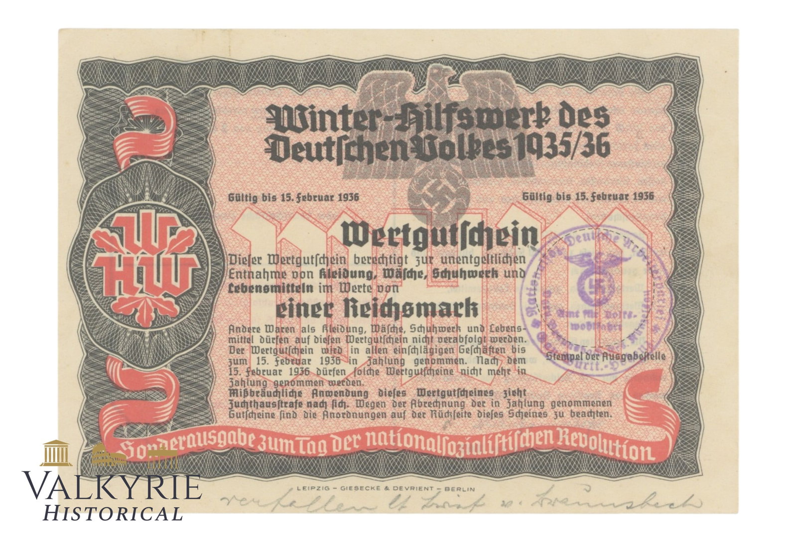 German Donation Voucher of 1 RM of the Winterhilfswerk 1935/36: German Donation Voucher of 1 RM of the Winterhilfswerk 1935/36. Donation of clothing, footwear, linens, etc. Shipping flat cost $25 it doesn't matter how many items you win. you pay just $25 for