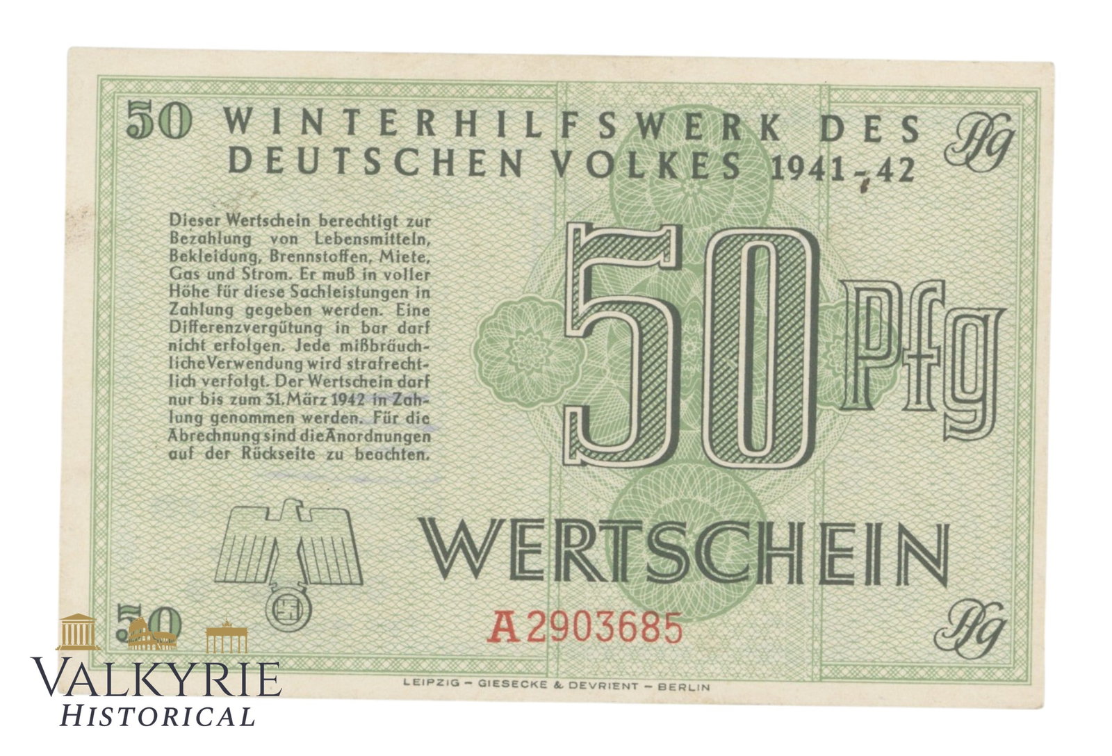 German WW2 Period Donation Voucher of 50 Pfennig of the Winterhilfswerk 1941/42: German WW2 Period Donation Voucher of 50 Pfennig of the Winterhilfswerk 1941/42. Shipping flat cost $25 it doesn't matter how many items you win. you pay just $25 for shipping.