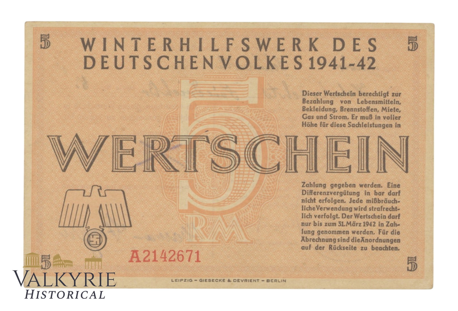 German Donation Voucher of 5 RM of the Winterhilfswerk 1941/42 (1 of 2)
