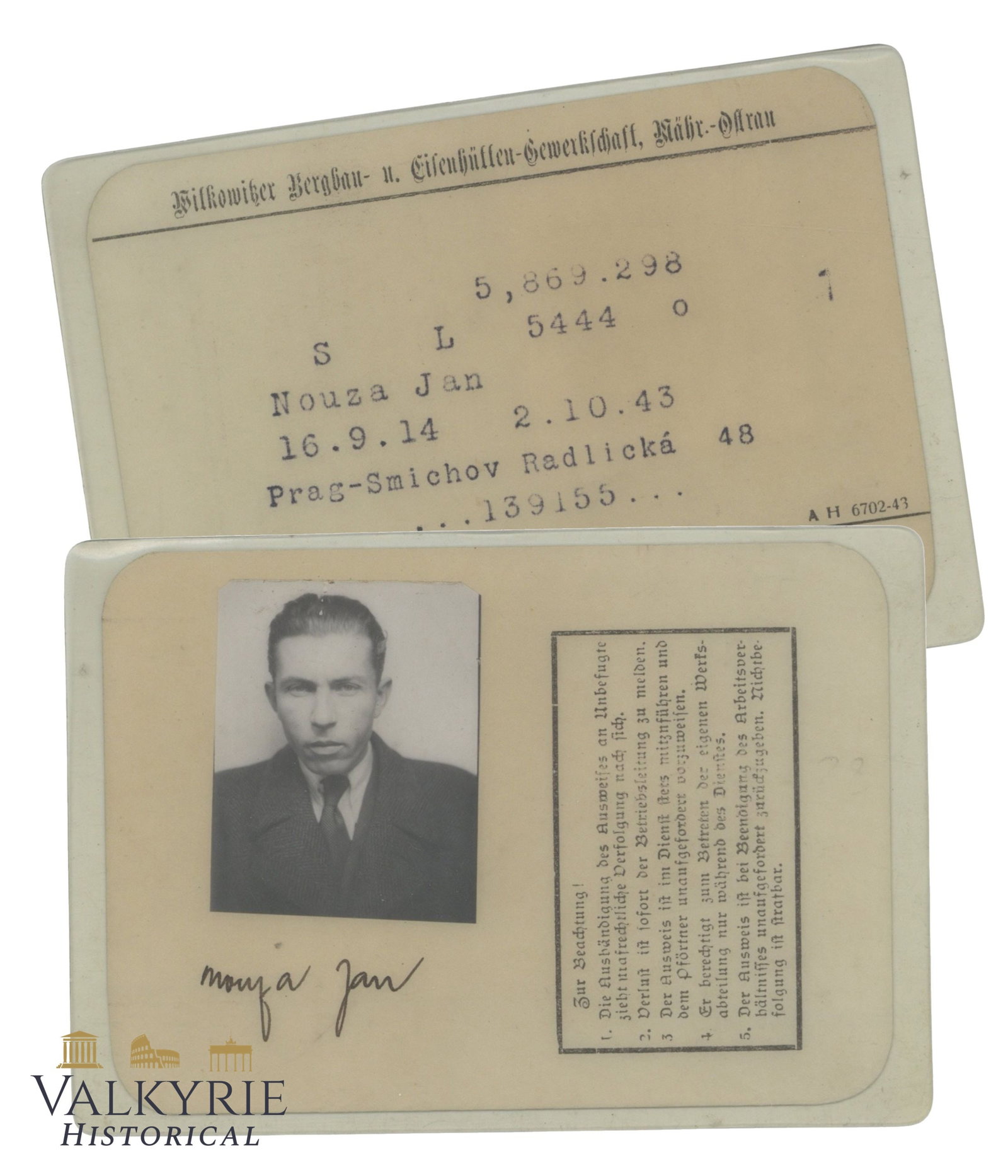 Witkowitzer Bergbau und Eisenhutten Gewerkschaft Company Ausweis To Czech Worker - 1943 (1 of 3)