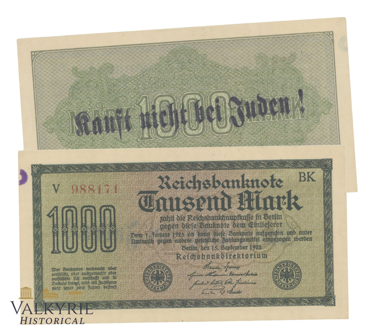 German Hyperinflation Period Reichsbank Banknote of 1000 RM With Anti-Semitic Inscription: German Hyperinflation Period Reichsbank Banknote of 1000 RM With Anti-Semitic Inscription on the Reverse. It says "Don't buy from Jews!". Stamped by the Nazis to boycott the Jewish businesses. Shippin