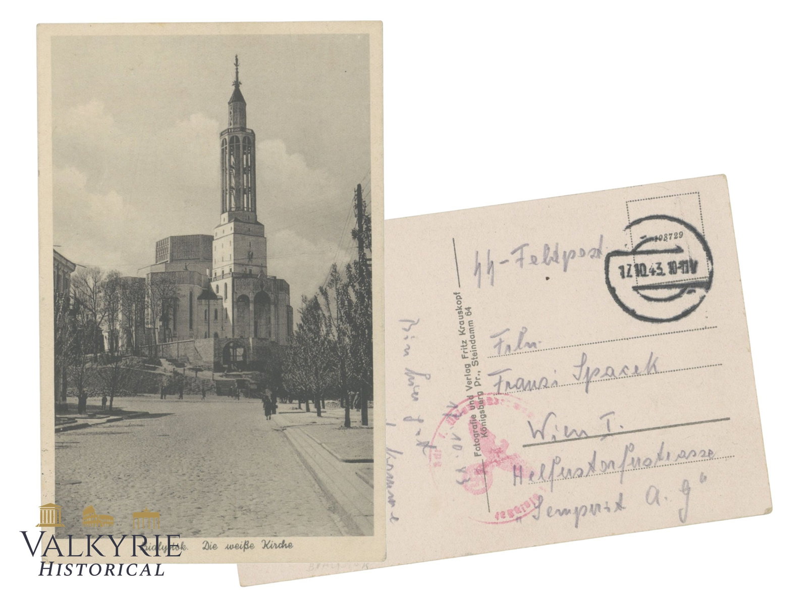 German SS Feldpost Postcard With Picture of The White Church of Bialystok - Circulated: German SS Feldpost Postcard With Picture of The White Church of Bialystok - Circulated. Sent by SS soldier in 1943. Shipping flat cost $25 it doesn't matter how many items you win. you pay just $25 fo