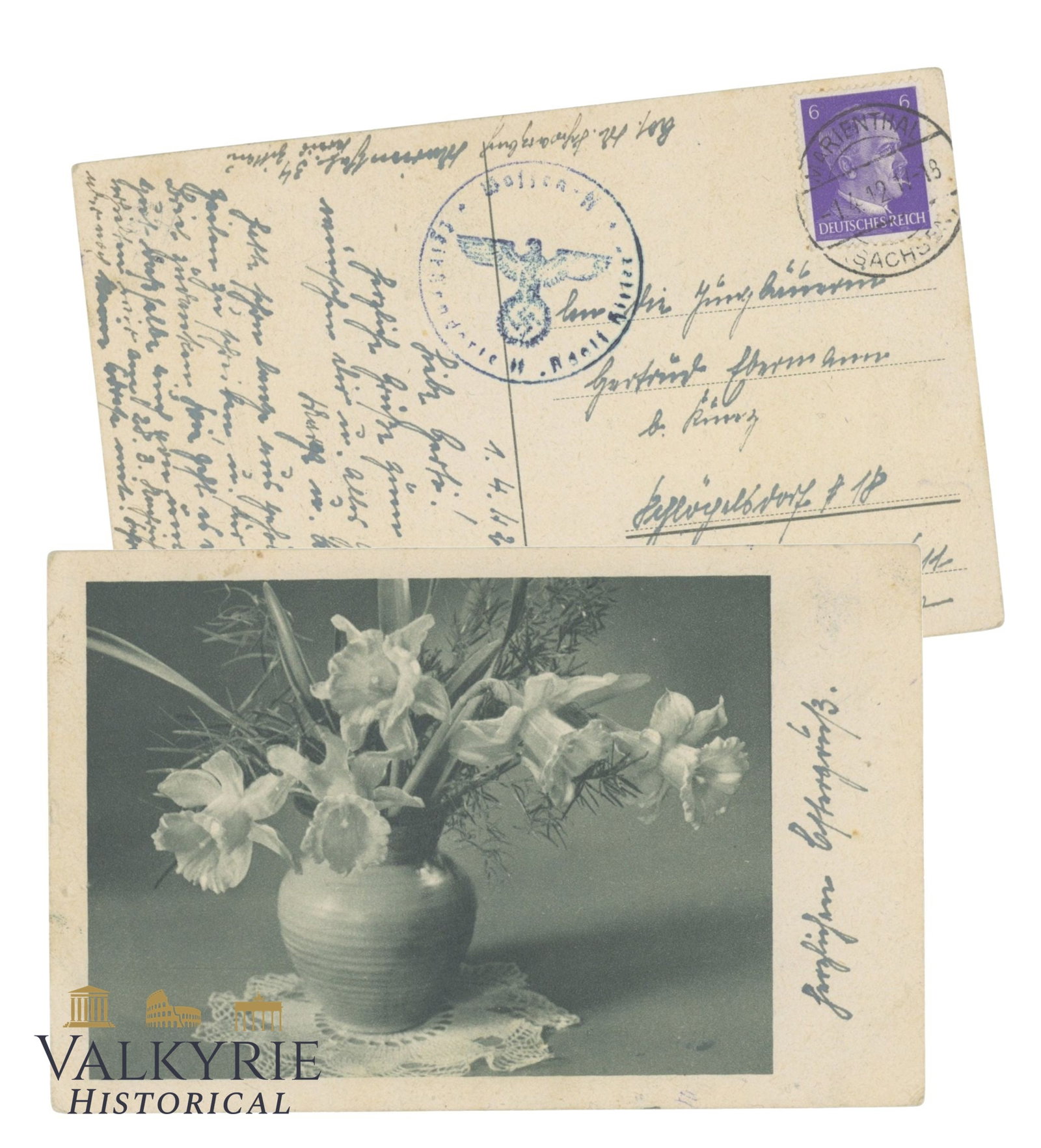 German SS Feldpost Postcard With Picture of a Flower Pot - Circulated (1 of 3)