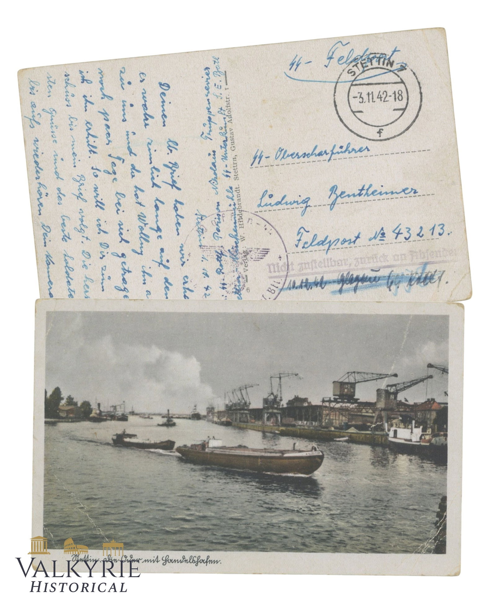 German SS Feldpost Postcard With Picture of The Harbor of Stettin in Poland - Circulated: German SS Feldpost Postcard With Picture of The Harbor of Stettin in Poland - Circulated. Sent in 1942 by SS soldier. Shipping flat cost $25 it doesn't matter how many items you win. you pay just $25 
