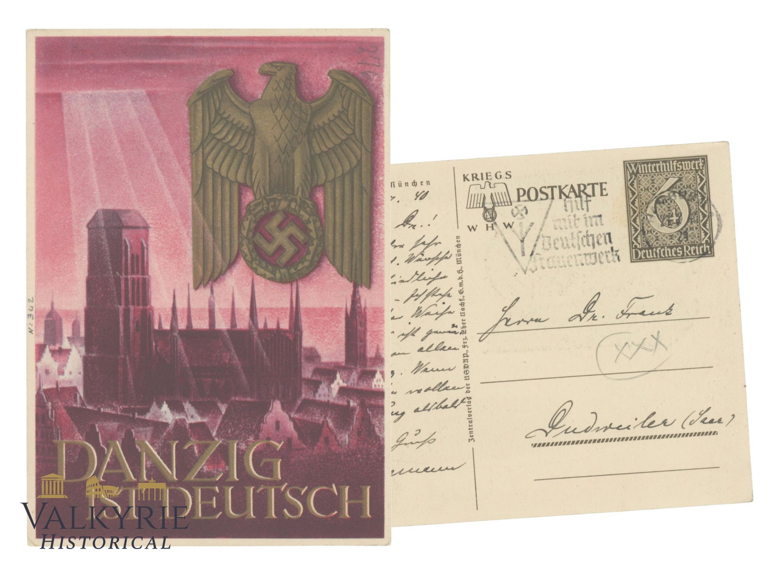 German Patriotic Postcard "Danzig is German" of the WHW of War - Circulated: German Patriotic Postcard "Danzig is German" of the WHW of War - Circulated. Sent in 1940. Shipping flat cost $25 it doesn't matter how many items you win. you pay just $25 for shipping.