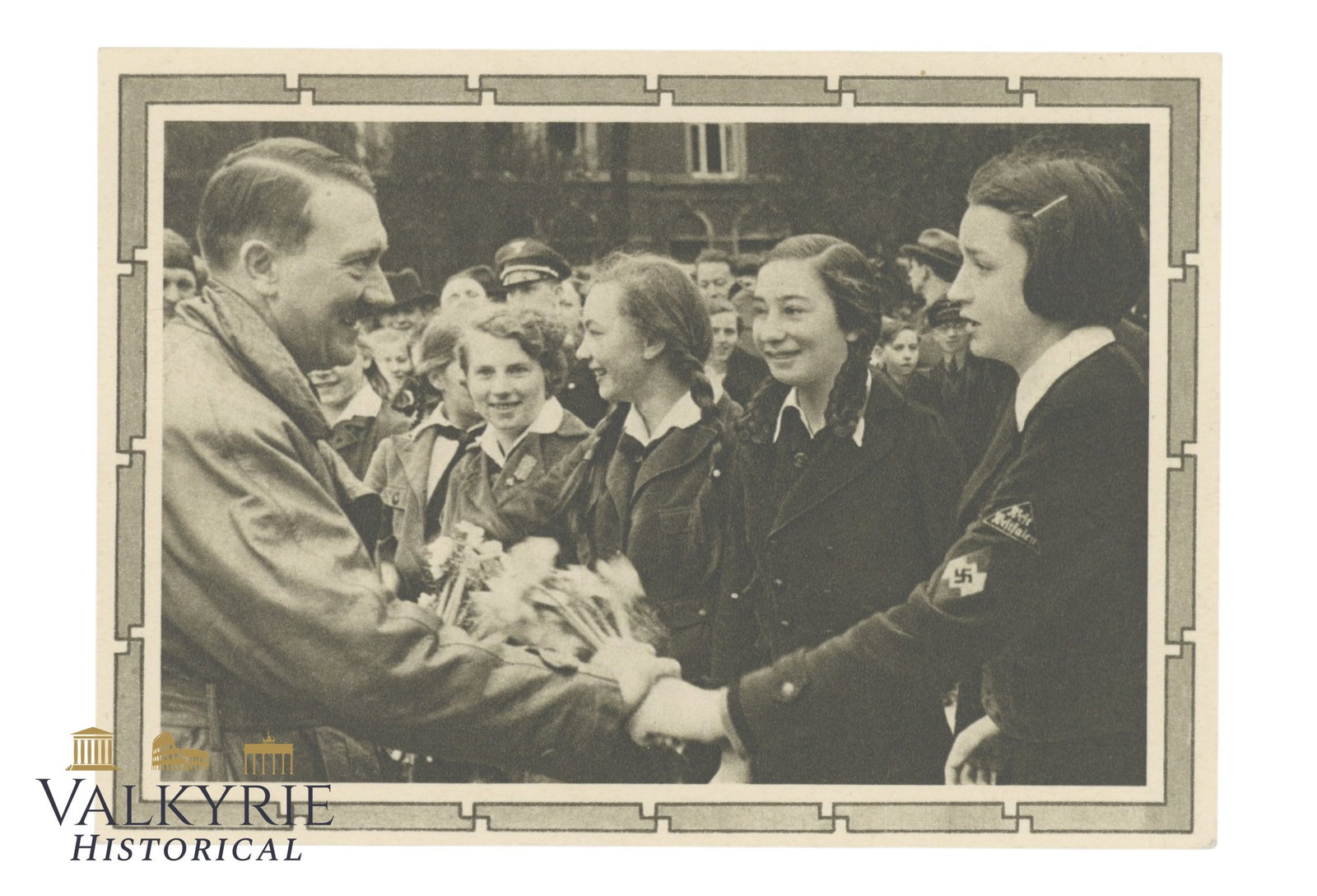 German Propaganda Postcard Showing Hitler Greeting Some Young Girls of the Hitler Youth (1 of 2)