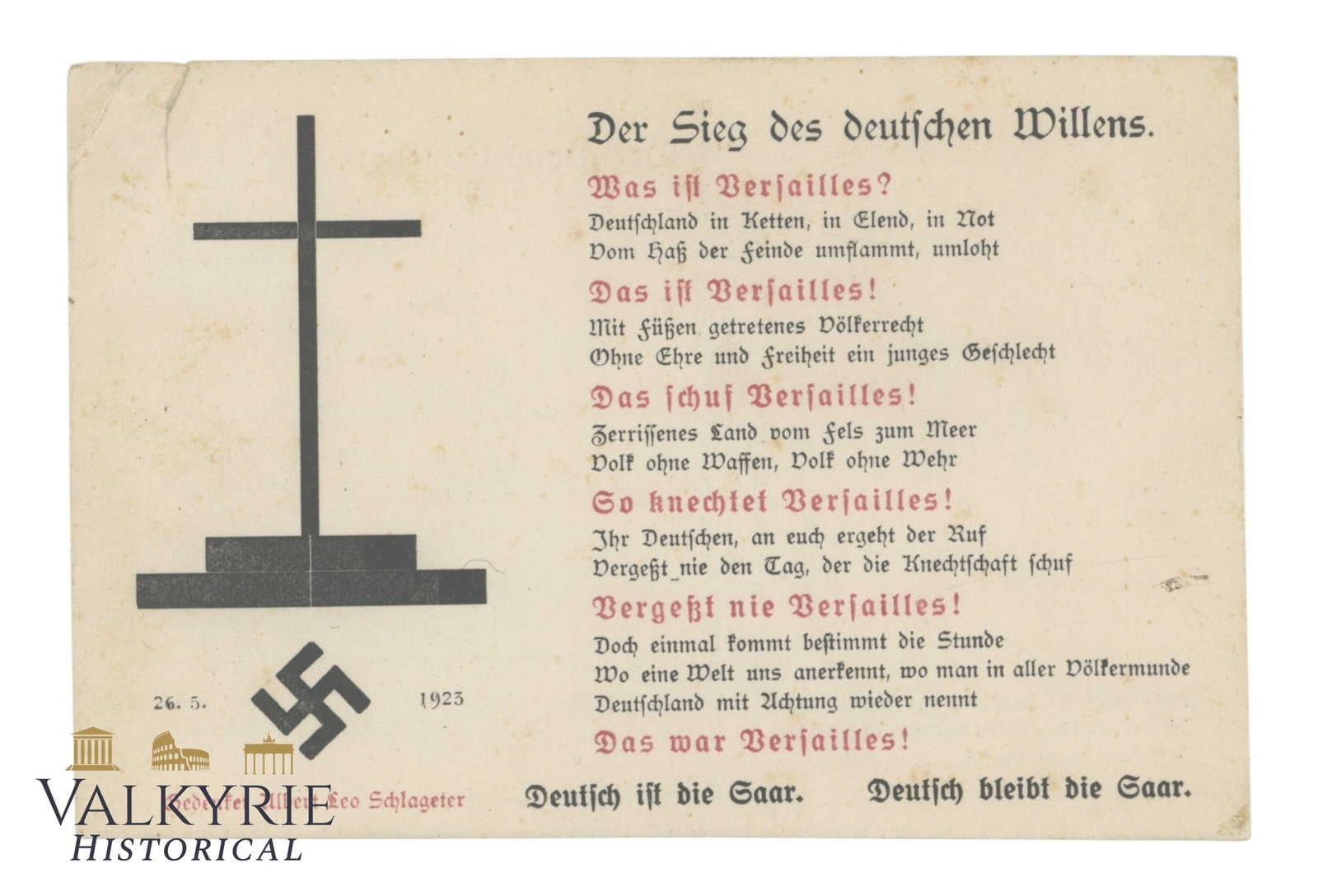 German Nazi Patriotic Postcard "The Triumph of German Will. The Saar is German!": German Nazi Patriotic Postcard "The Triumph of German Will. The Saar is German!". Printed in 1925. Circulated. Shipping flat cost $25 it doesn't matter how many items you win. you pay just $25 for shi