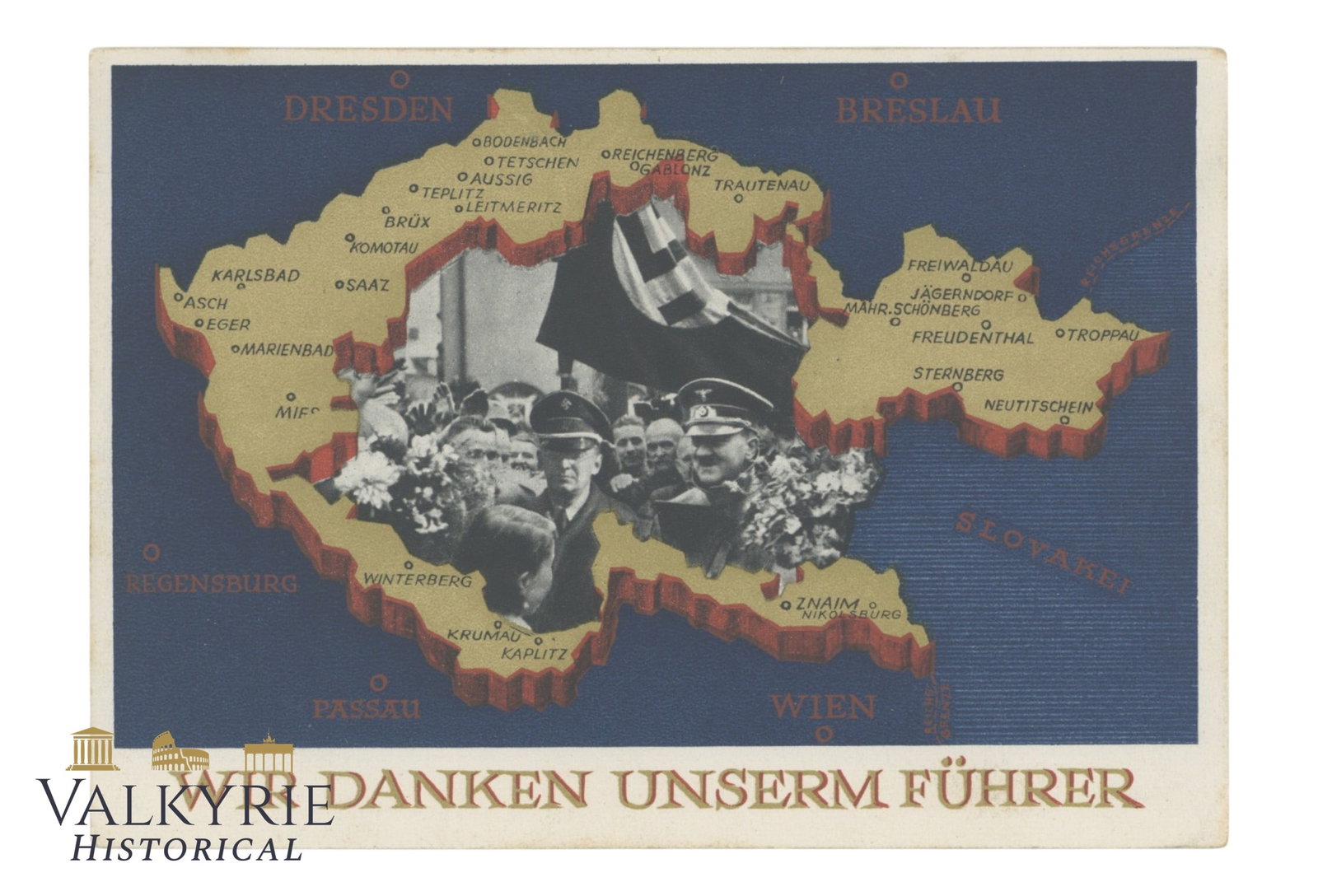 German Nazi Commemorative Postcard of the Annexation of The Sudetenland - Circulated: German Nazi Commemorative Postcard of the Annexation of The Sudetenland - Circulated. Motto "We Thank Our Fuhrer". Year 1939. Shipping flat cost $25 it doesn't matter how many items you win. you pay j