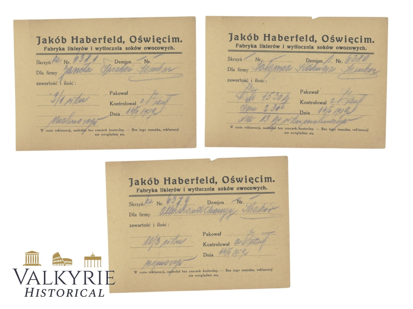 Pre-occupation Receipts of the Polish Jewish Liquor Manufacturer in Oswiecim "Jakob Haberfeld": Pre-occupation Receipts of the Polish Jewish Liquor Manufacturer in Oswiecim "Jakob Haberfeld". The owners could flee from Poland before the Holocaust and save their lives. Some of their relatives per