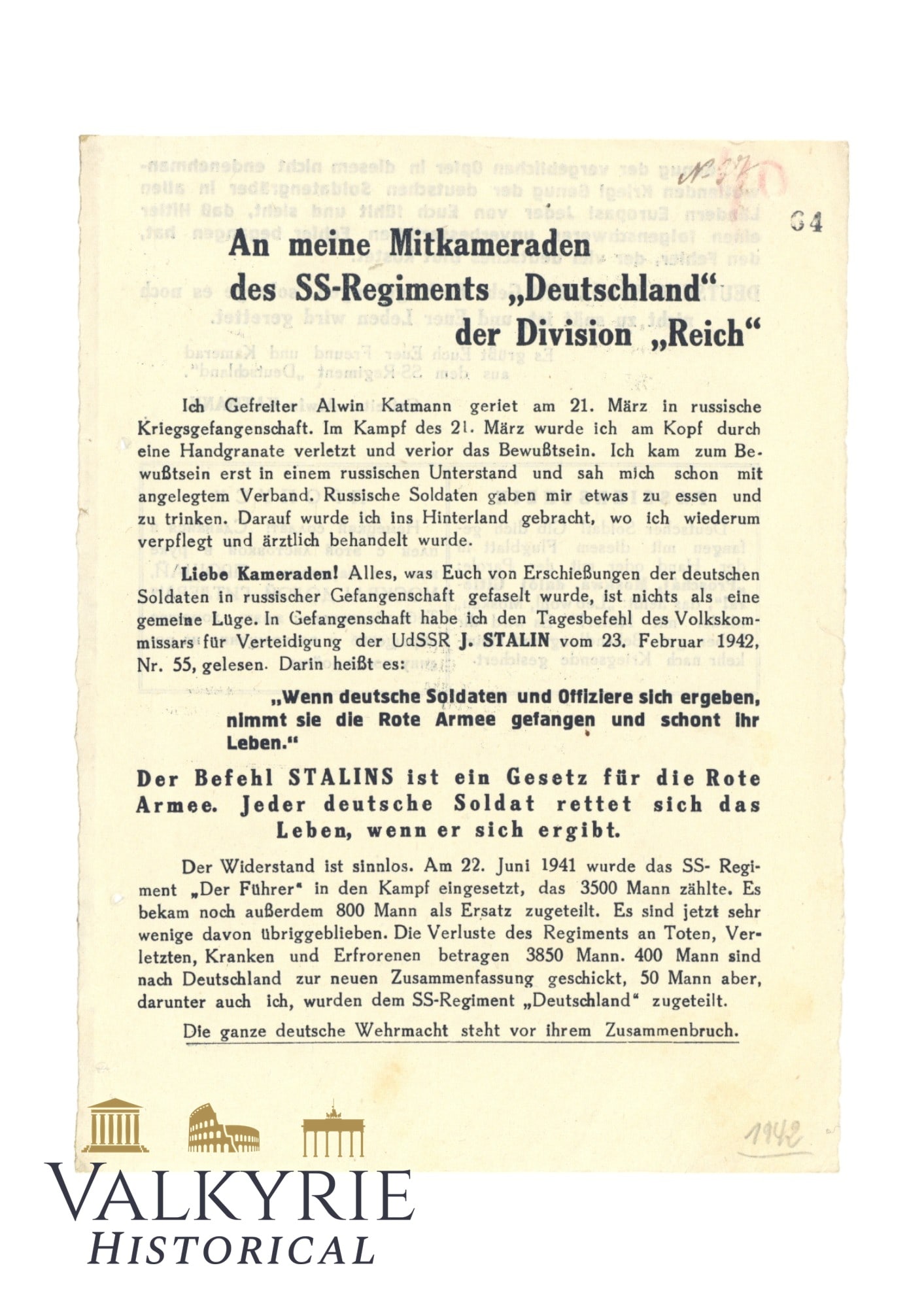 WW2 Russian Propaganda Leaflet For Front Soldiers of the SS Division "Das Reich" to Surrender - 1942 (1 of 2)