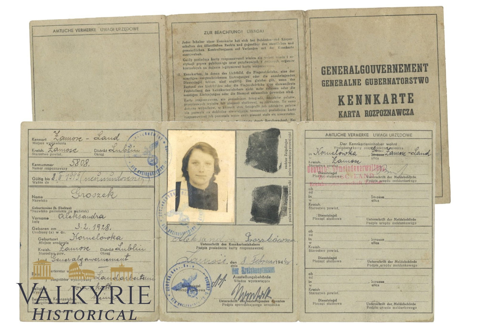 German Kennkarte Issued to a Polish Woman of the Generalgouvernement - Special Issue for GG: German Kennkarte Issued to a Polish Woman of the Generalgouvernement - Special Issue for GG. It comes with photo of the woman. Issued in 1942. Printed in German and Polish. Shipping flat cost $25 it d