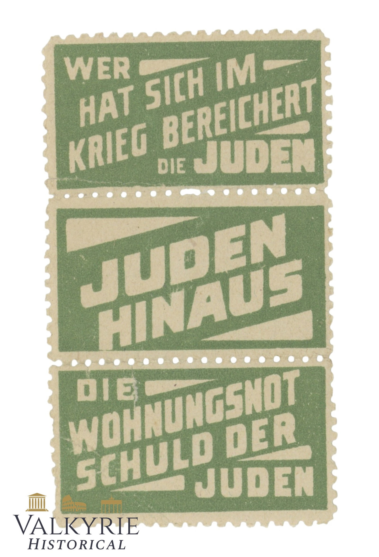 3 German Anti-Semitic Stickers With Different Messages Against the Jews: 3 German Anti-Semitic Stickers With Different Messages Against the Jews: "Who Profited During the War? The Jews", "Jews Out", "The Housing Shortage is the Jews' Fault". Shipping flat cost $25 it doesn