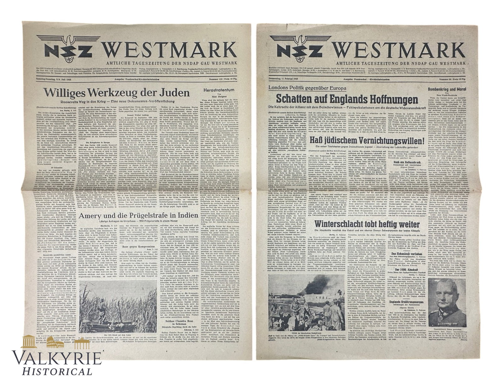 2 Official Anti-Semitic Nazi Newspapers of NSDAP Administration Gau Westmark Called "NSZ" - 1940s (1 of 7)