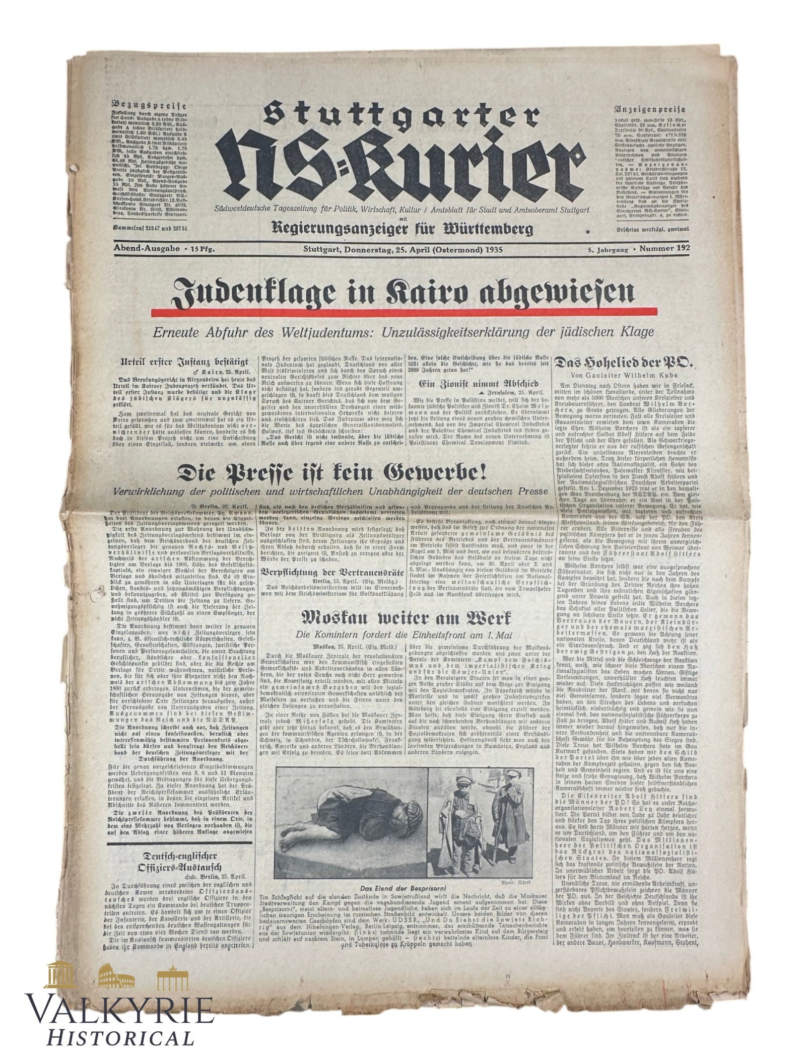 Number of the "Stuttgarter NS-Kurier" Nazi Newspaper With Anti-Semitic Headline -Nr. 192 - Year 1935: Number of the "Stuttgarter NS-Kurier" Nazi Newspaper With Anti-Semitic Headline -Nr. 192 - Year 1935. Shipping flat cost $25 it doesn't matter how many items you win. you pay just $25 for shipping.