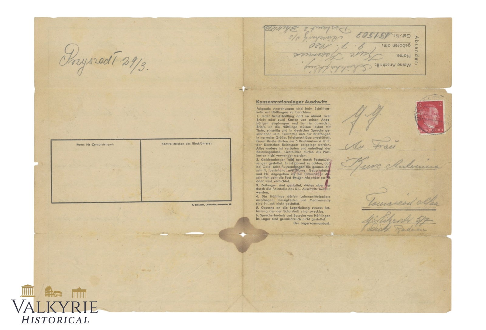 Letter Sent by a Polish Prisoner From KL Auschwitz in 1942 (1 of 4)