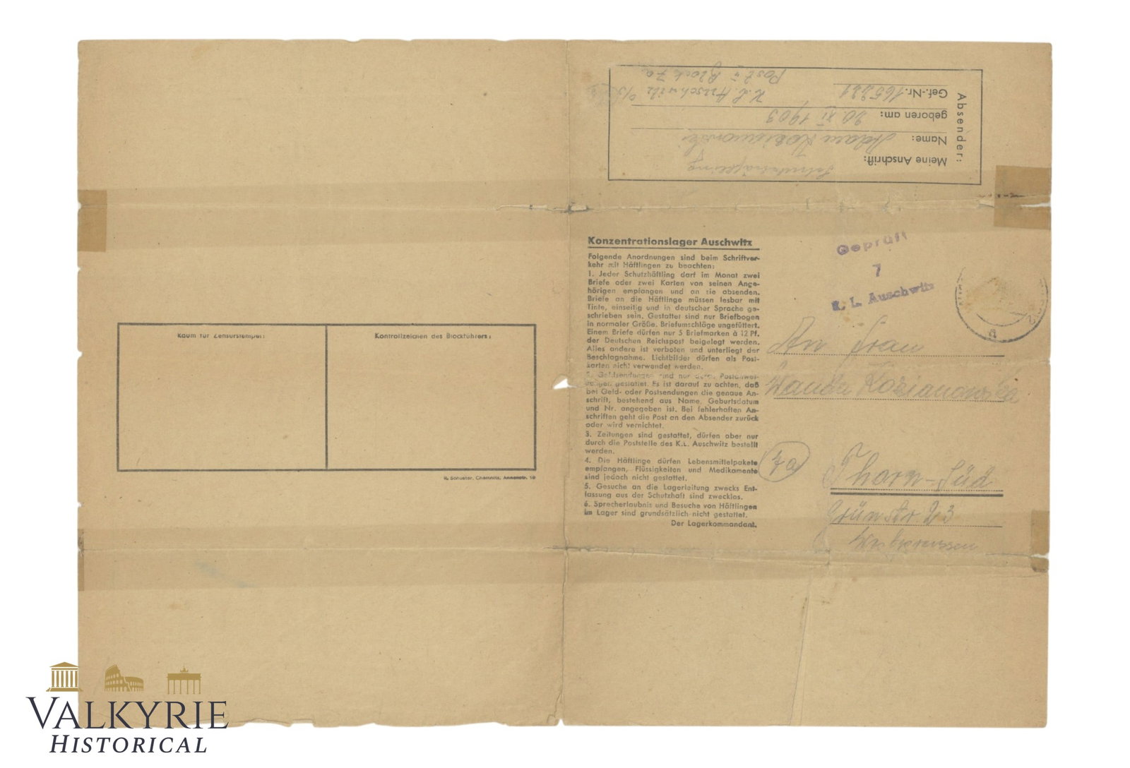 Letter Sent by a Polish Prisoner From KL Auschwitz in 1944 (1 of 4)