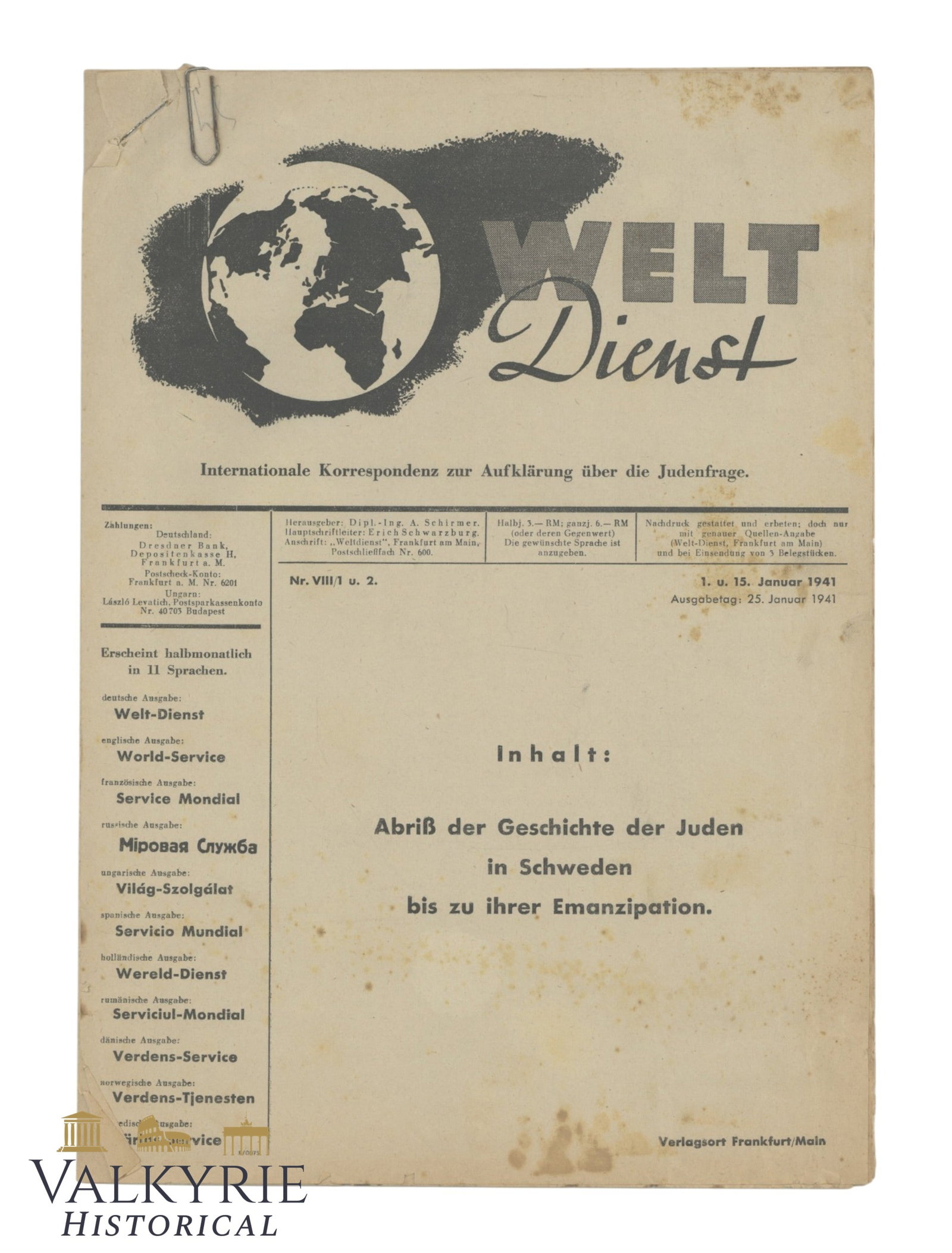 German Anti-Semitic Periodical Called "Welt Service" About Jewish Question - 1941 - Nr. VIII/1 & 2 (1 of 8)