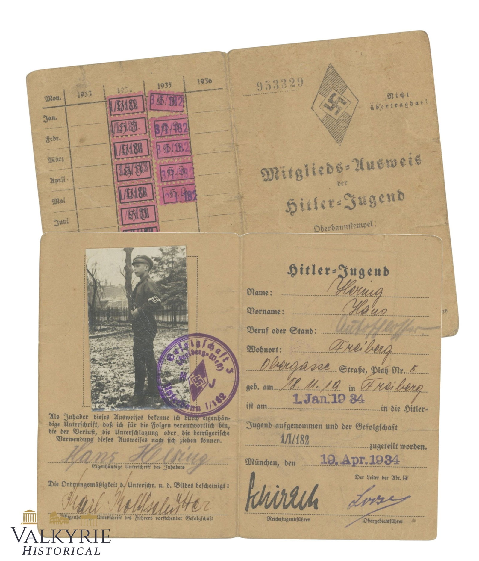 Hitlerjugend Membership Card Issued to a Boy From Freiberg in 1934 (1 of 3)