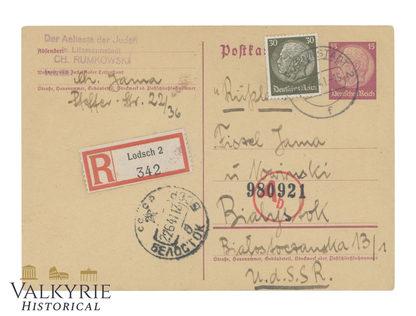 Postcard Sent From the Jewish Council of Ghetto Litzmannstadt of Chaim Rumkowski in 1941 (1 of 2)