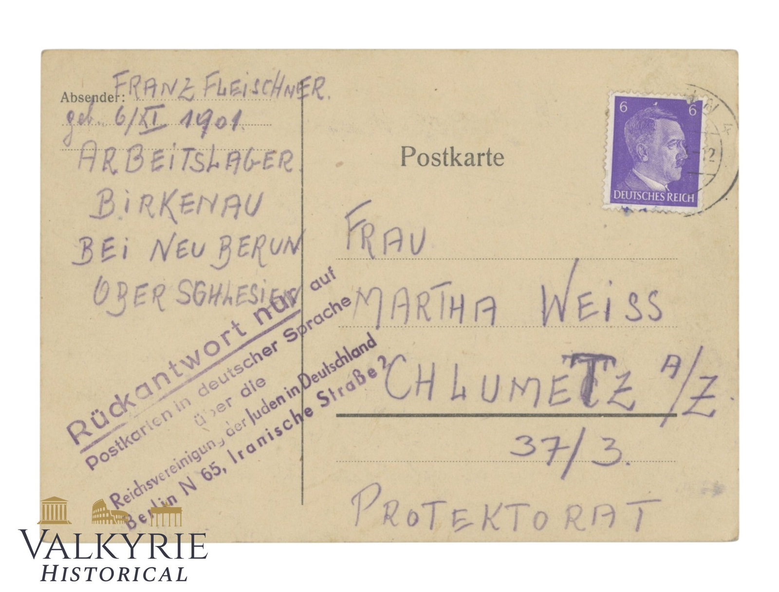 Holocaust -KL Auschwitz - Birkenau Very Rare Postcard from Arbeitslager Birkenau - " Briefaction " (1 of 2)