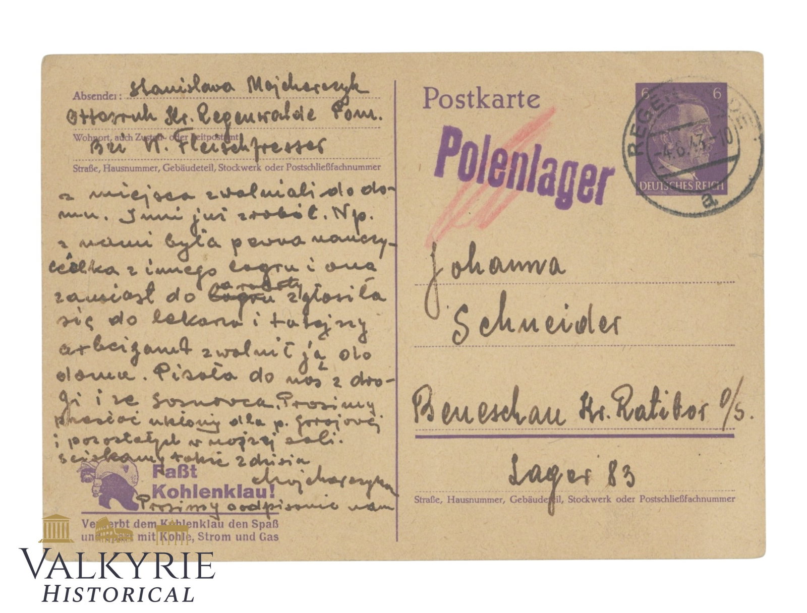 Postcard Sent in 1943 by Polish Female Forced Laborer in Polenlager or Forced Labour Camp For Poles (1 of 2)